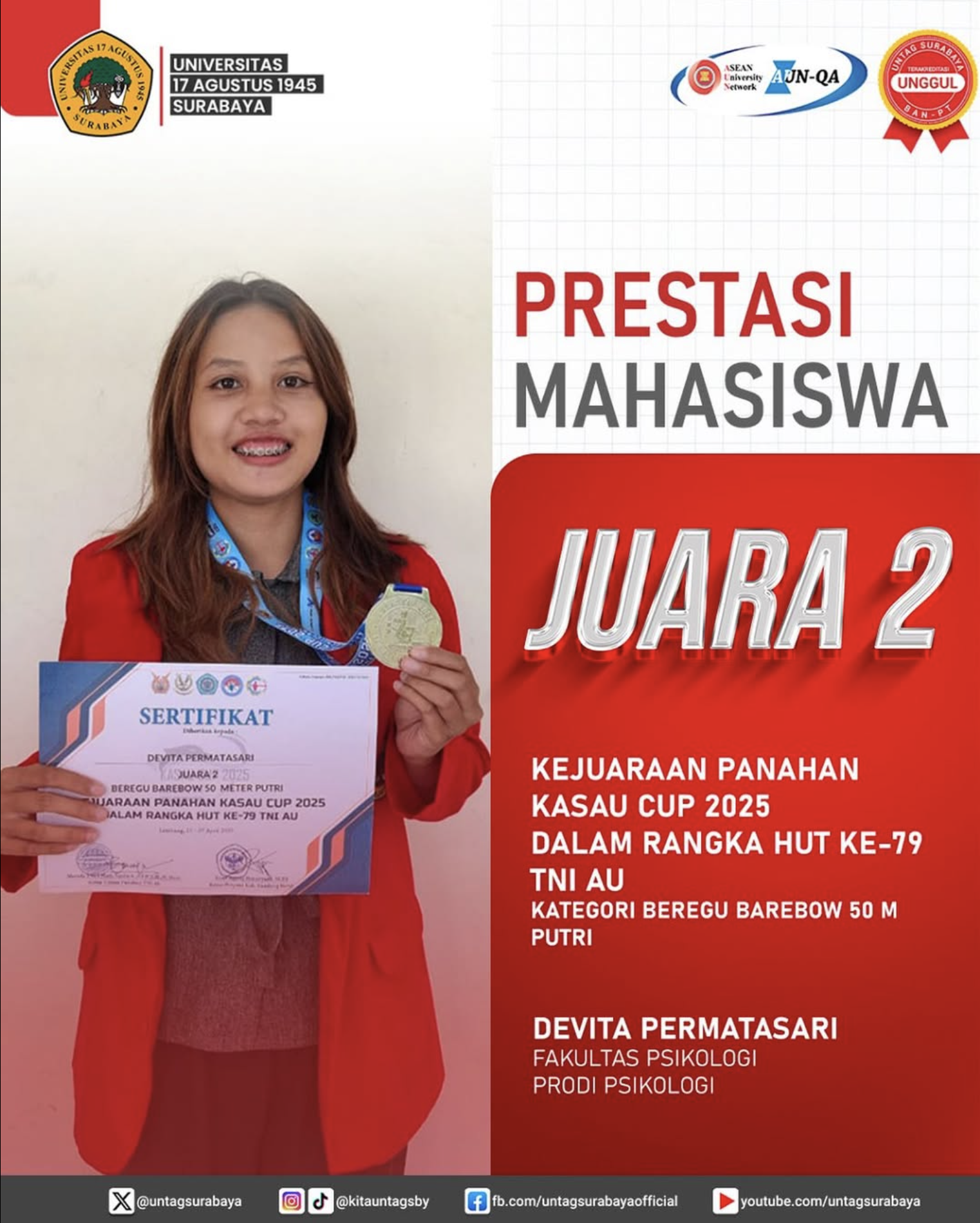 Devita Permatasari yang telah mengukir prestasi gemilang di Kejuaraan Panahan KASAU Cup 2025