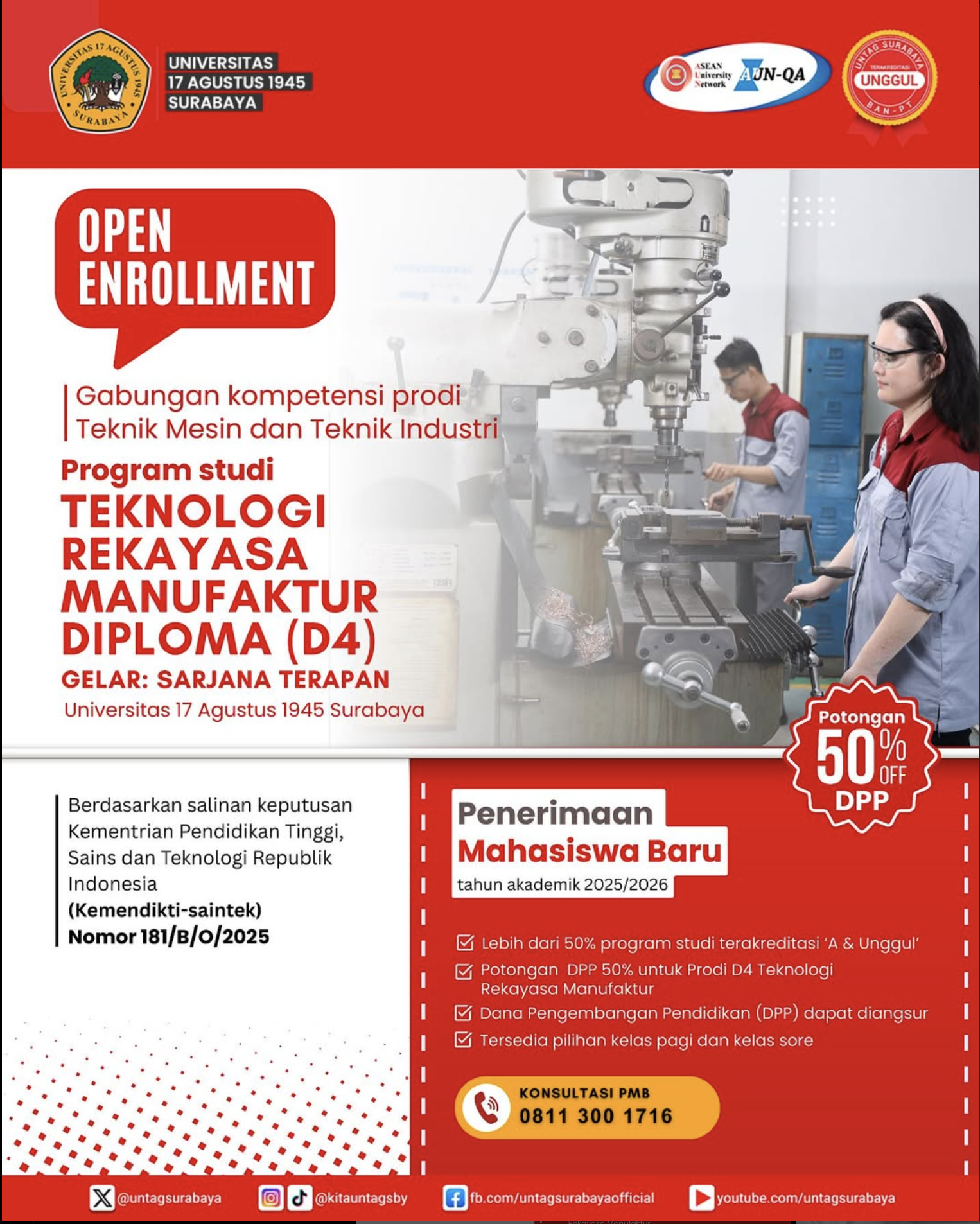Untag Surabaya membuka pendaftaran mahasiswa baru Program Studi D4 Teknologi Rekayasa Manufaktur