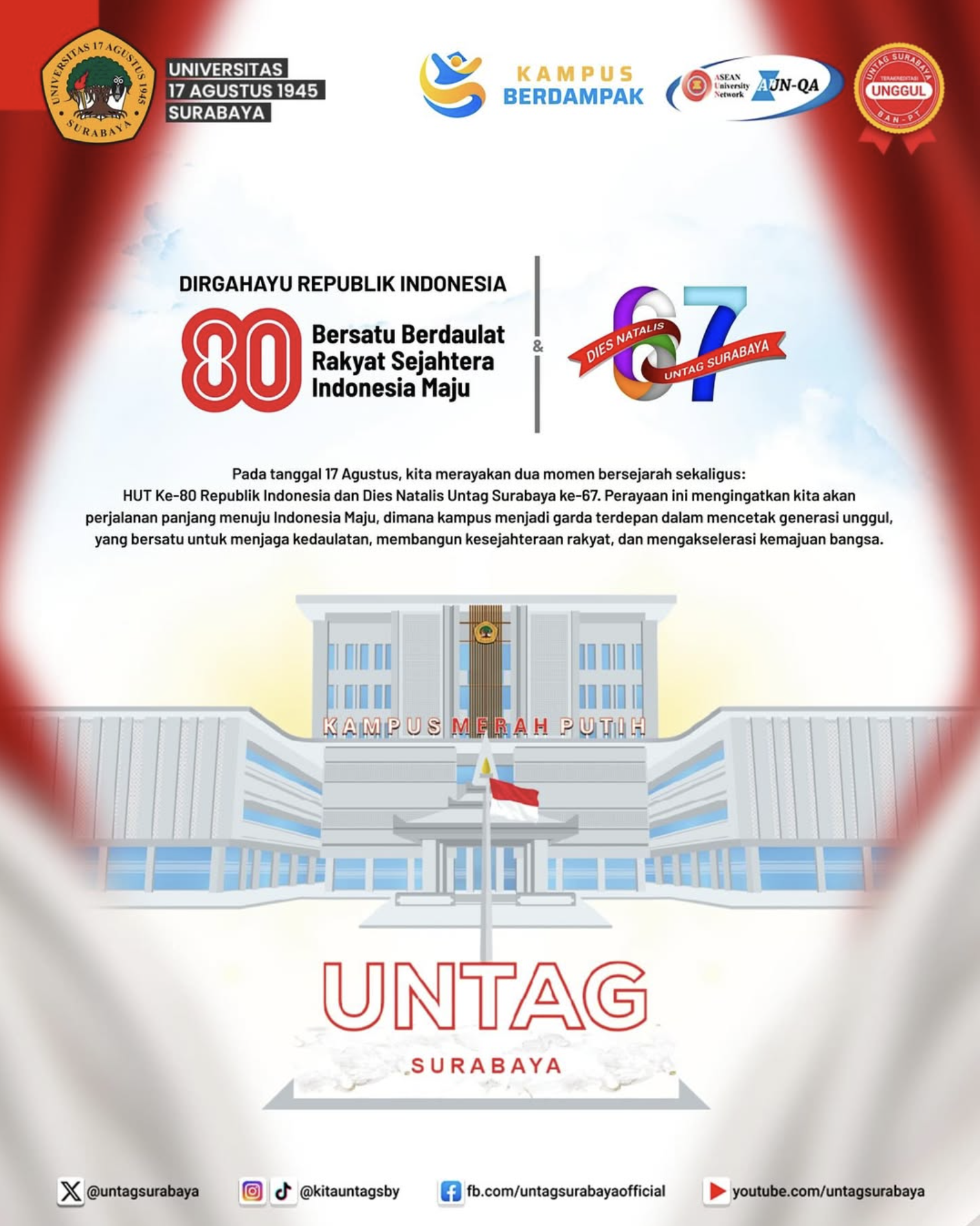 Selamat Hari Ulang Tahun Republik Indonesia ke-80 dan Dies Natalis Untag Surabaya ke-67