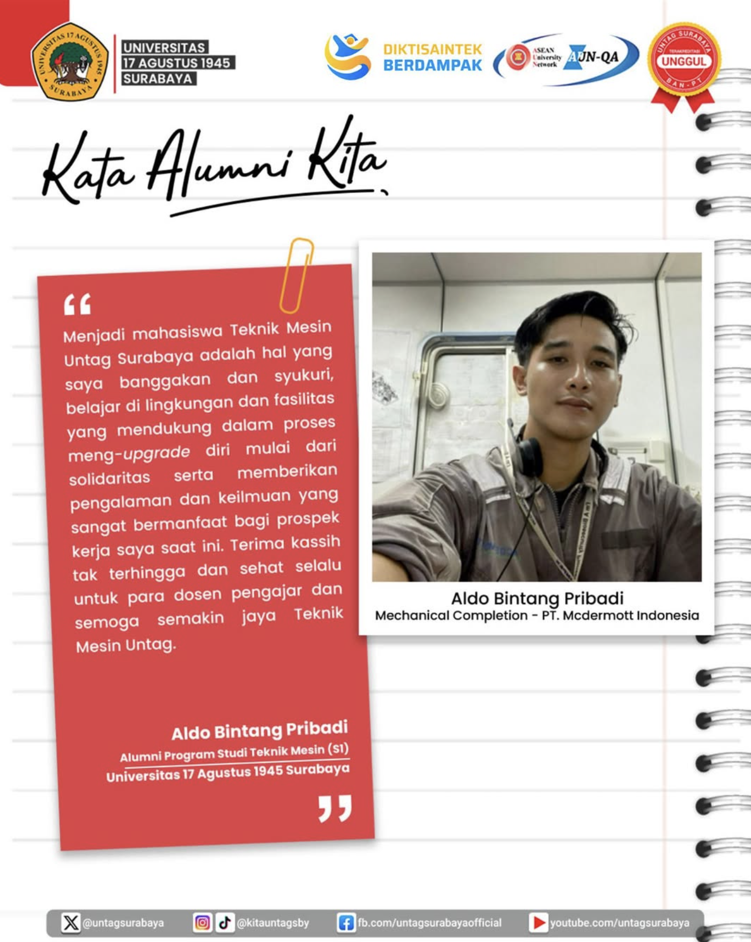 Kata Alumni : Aldo Bintang Pribadi dari Program Studi Teknik Mesin Untag Surabaya