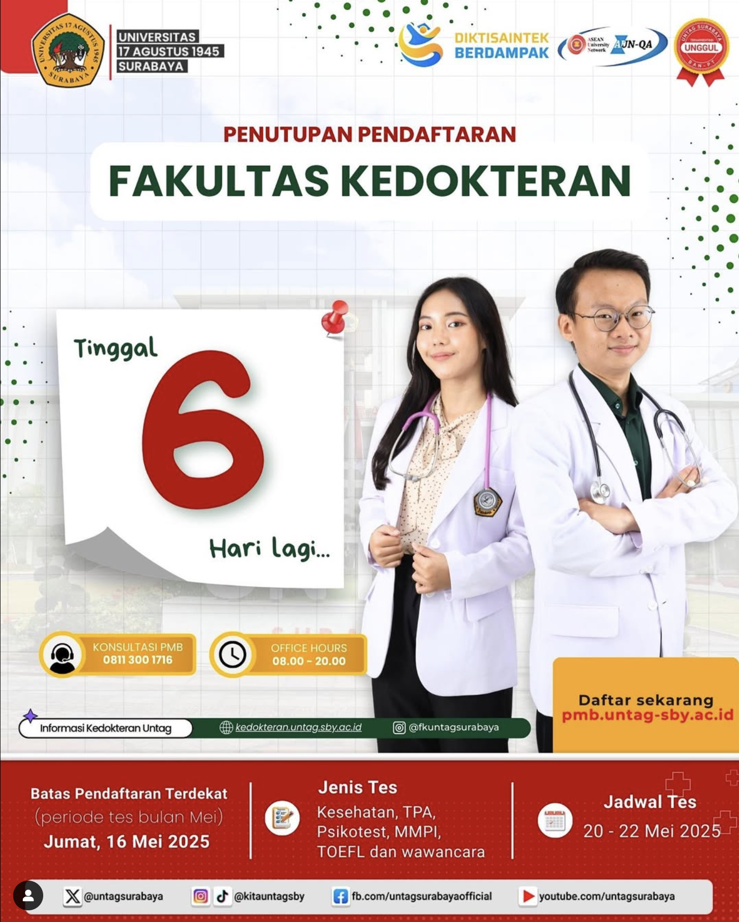inggal 6 hari lagi kamu bisa mendaftar di Fakultas Kedokteran Universitas 17 Agustus 1945 Surabaya