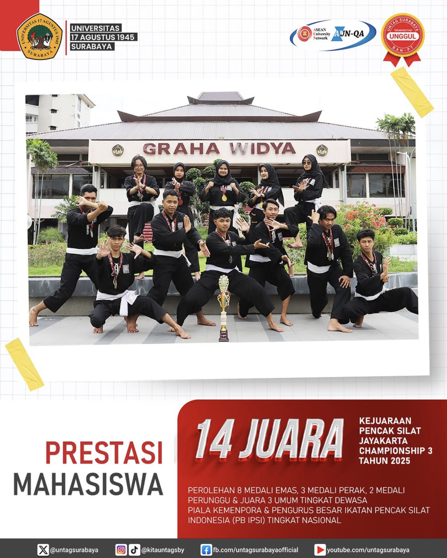 Prestasi Mahasiswa : mahasiswa Untag Surabaya atas perolehan 14 juara dalam Kejuaraan Pencak Silat Jayakarta Championship 3 2025