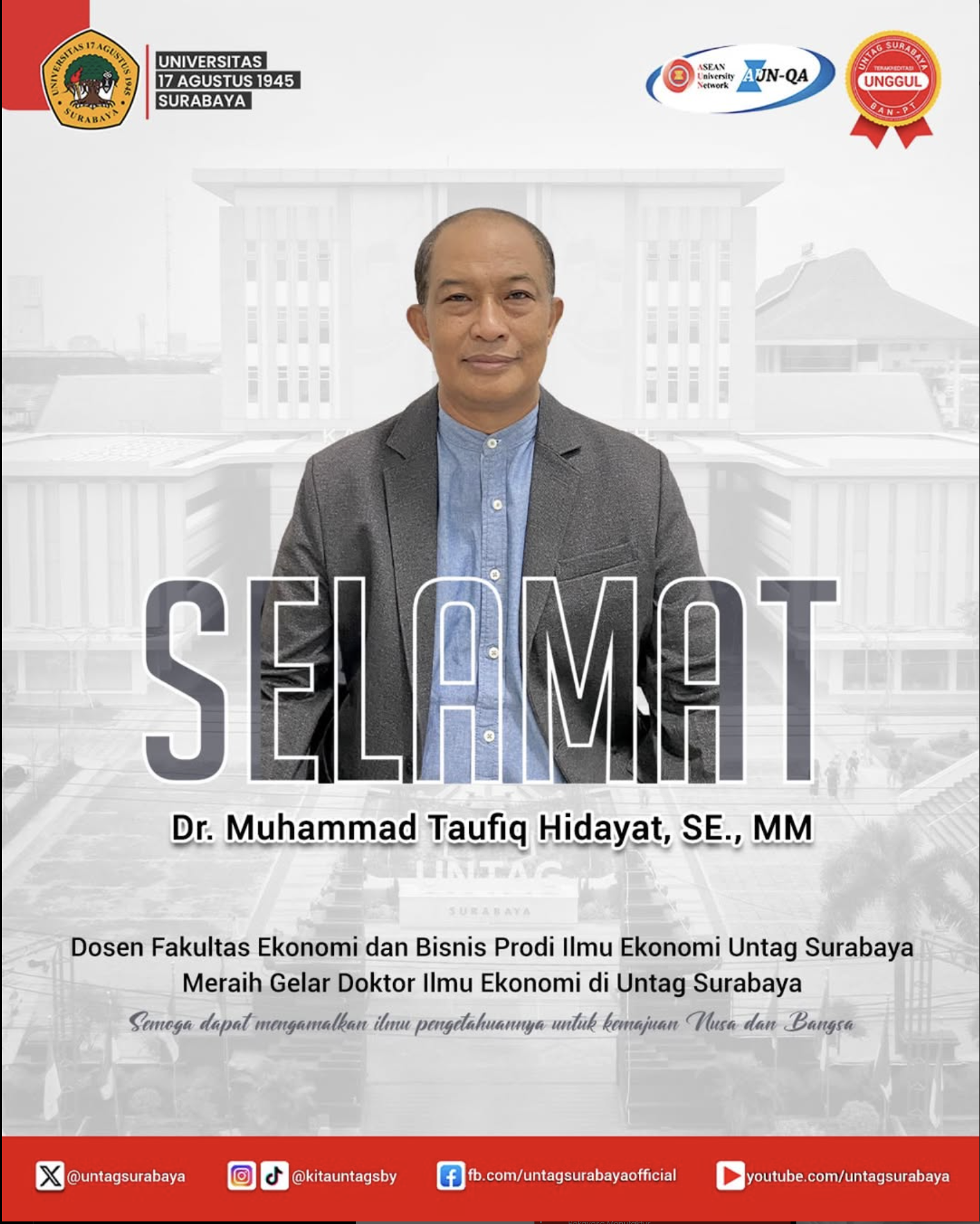 Dosen Fakultas Ekonomi dan Bisnis Untag Surabaya - Dr. Muhammad Taufiq Hidayat, SE., MM. resmi menyandang gelar Doktor