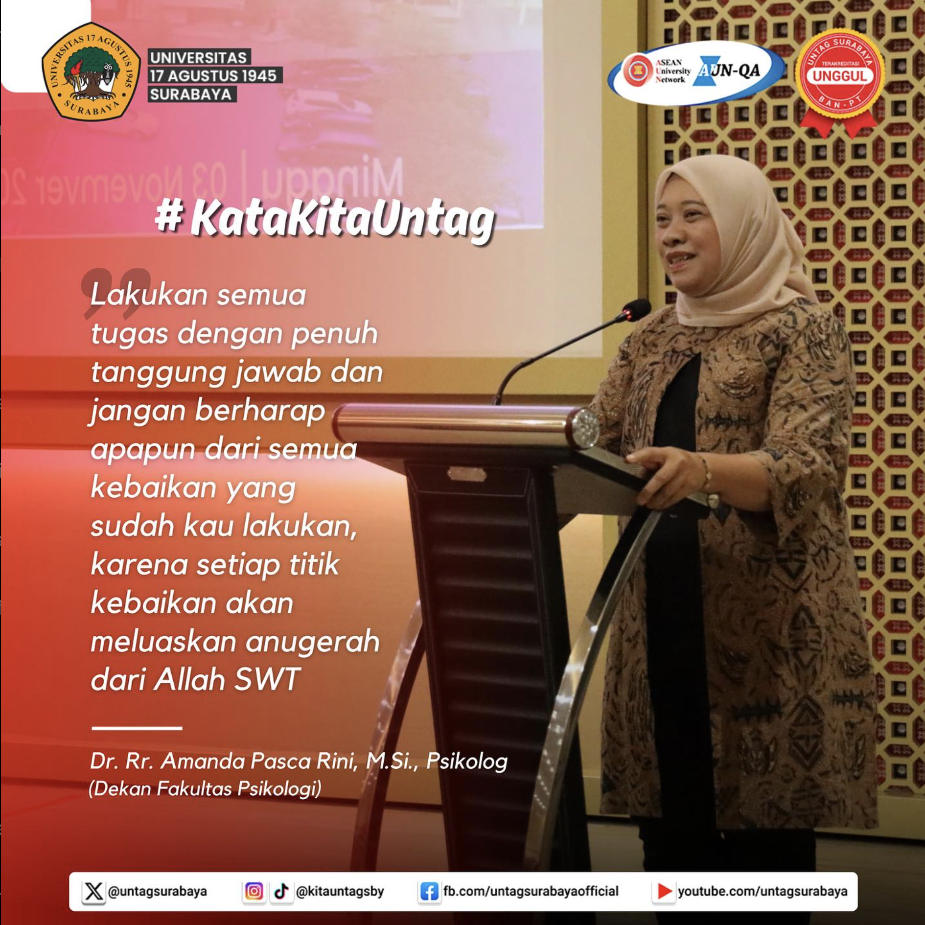 Kata Kita Untag Edisi 29 Nov 2024 : setiap titik kebaikan yang kita lakukan, sekecil apapun, akan membuka pintu anugerah dari Dekan Fakultas Psikologi