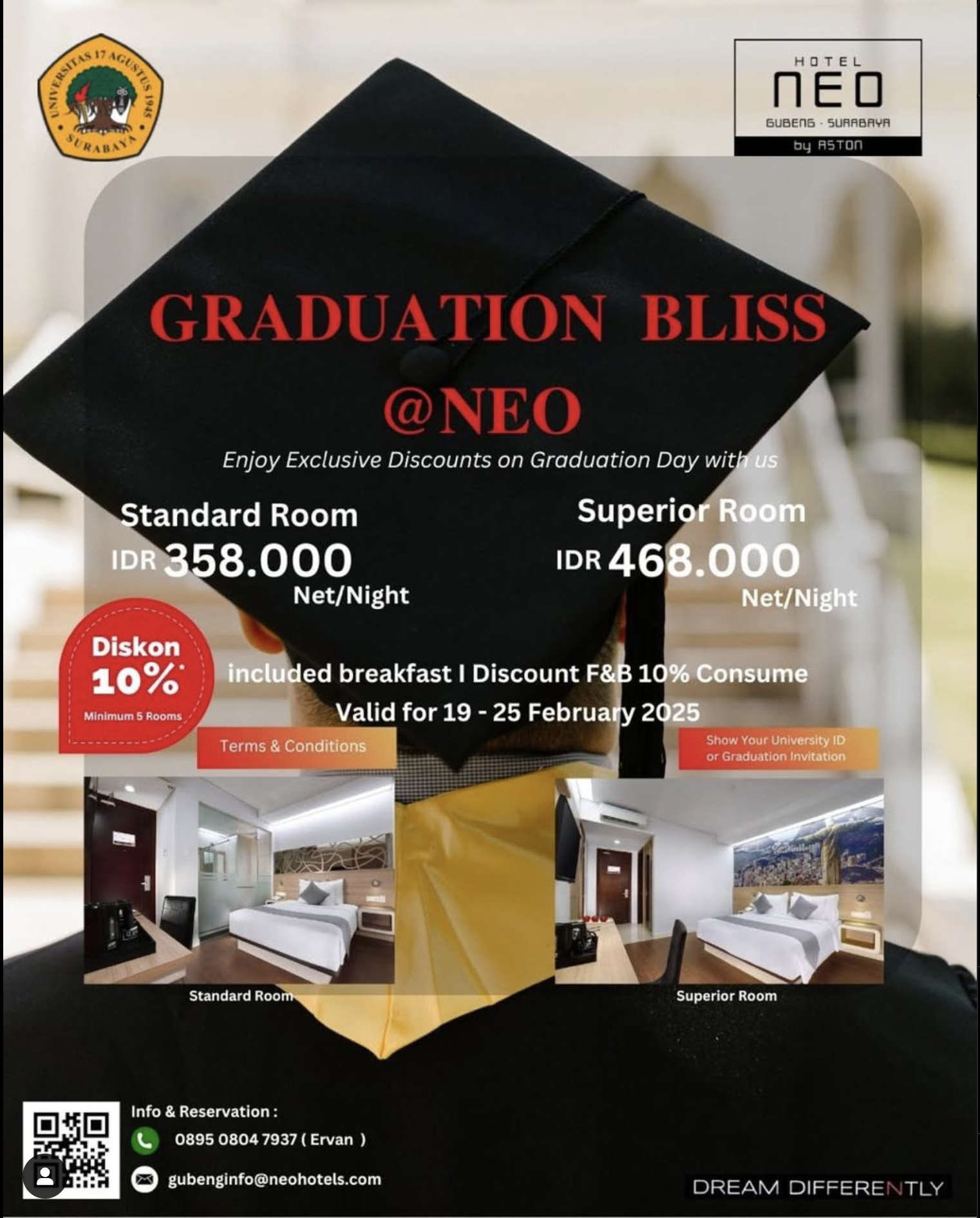 manfaatkan fasilitas kerjasama Untag Surabaya dengan Neo Gubeng Hotel pada Wisuda ke-130	