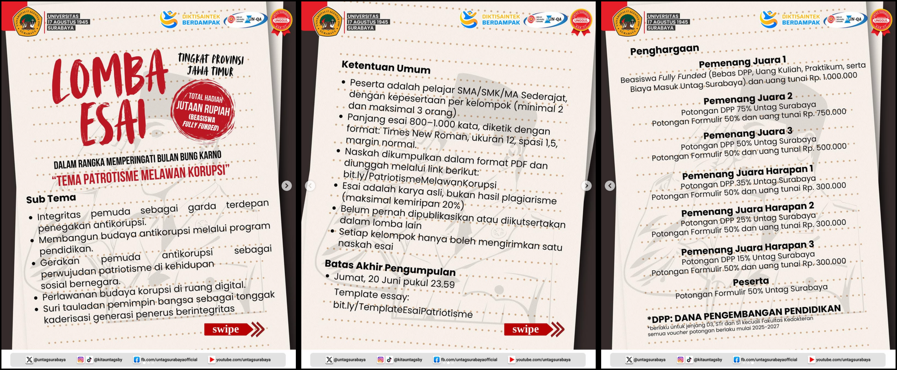 mengajak pelajar SMA/SMK/MA sederajat se-Jawa Timur untuk ikut Lomba Esai Tingkat Provinsi bertema Patriotisme Melawan Korupsi 