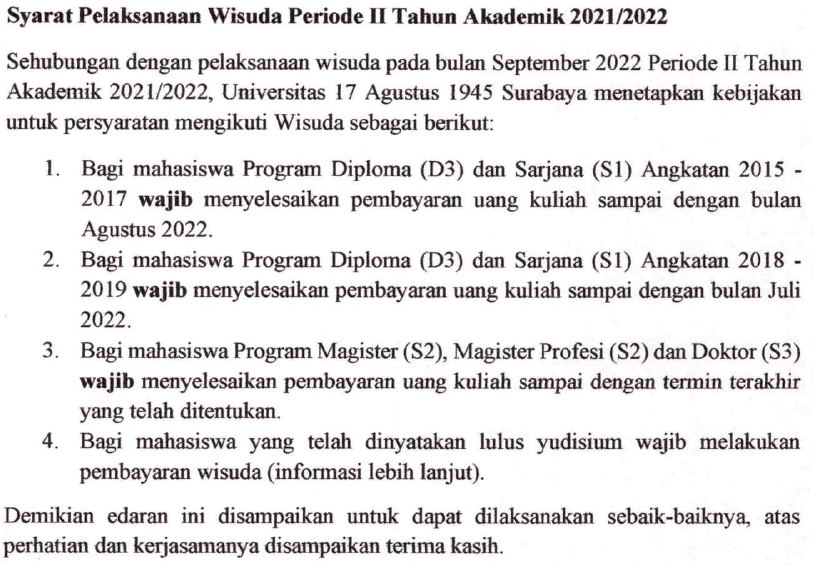 Syarat Pelaksanaan Wisuda Periode II Tahun Akademik 2021/2022