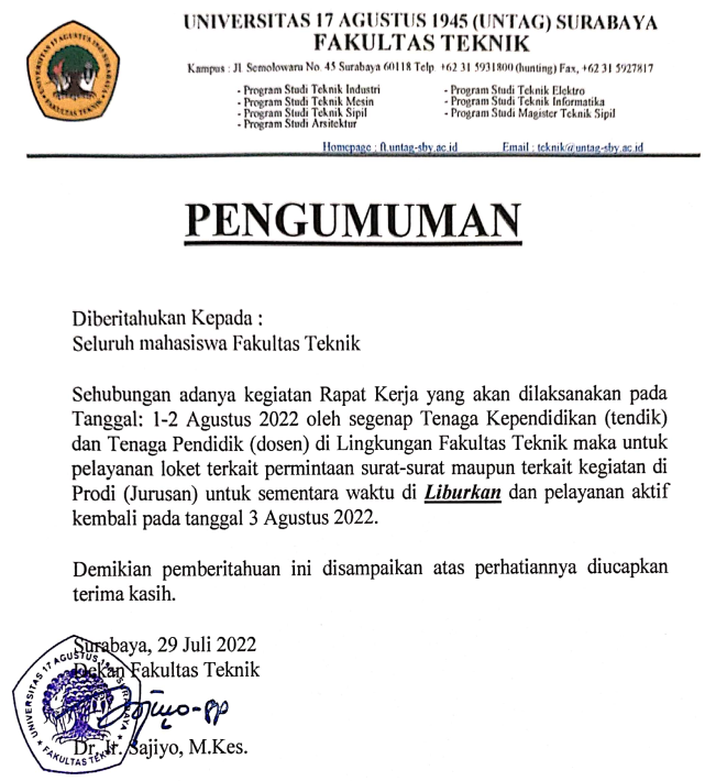 Pengumuman untuk Seluruh Mahasiswa Fakultas Teknik