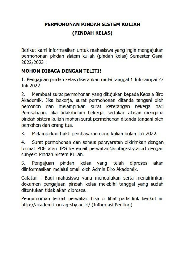 PERMOHONAN PINDAH SISTEM KULIAH (PINDAH KELAS)