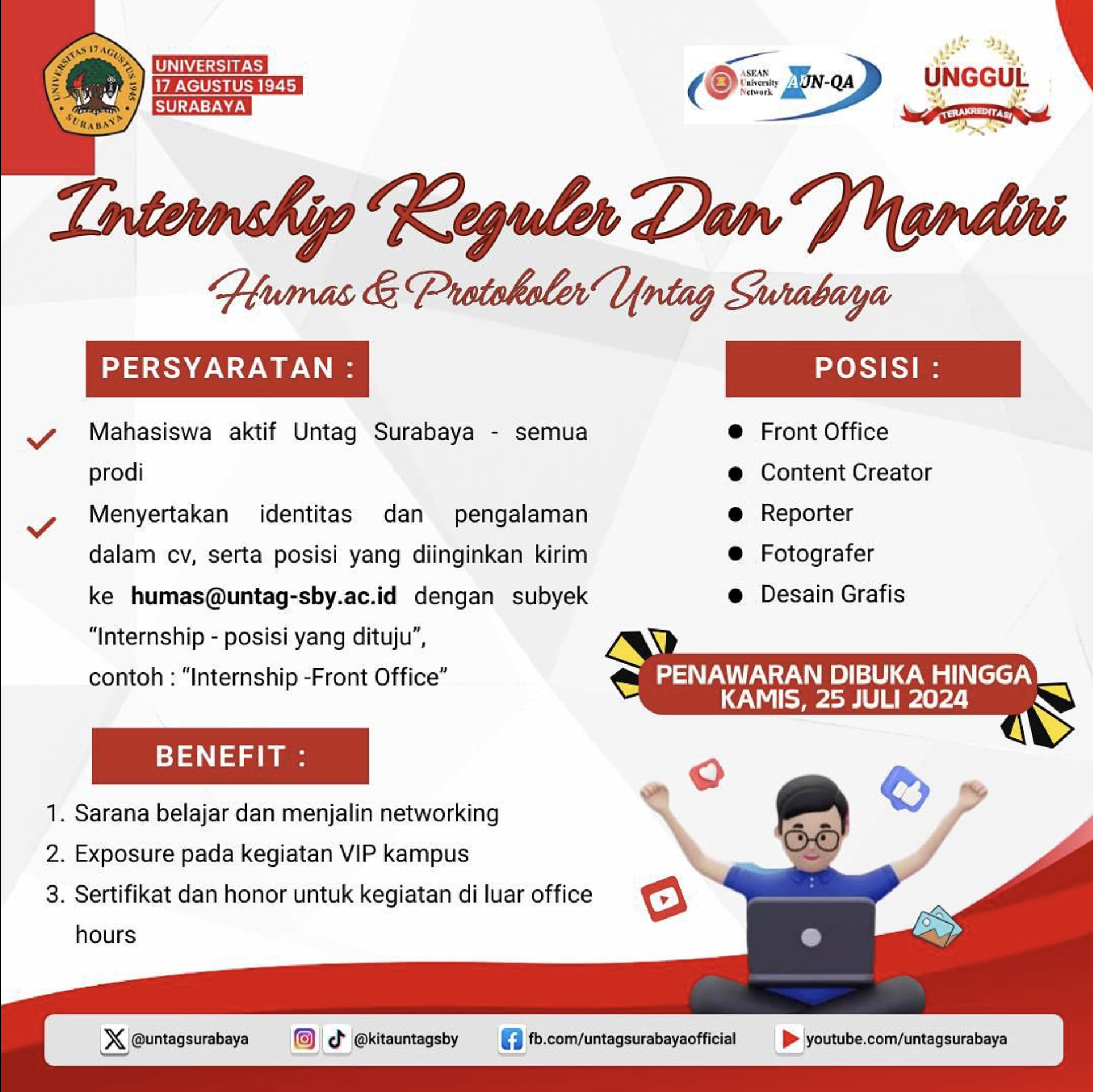 Humas & Protokoler Untag Surabaya membuka kesempatan magang reguler maupun mandiri untuk mahasiswa