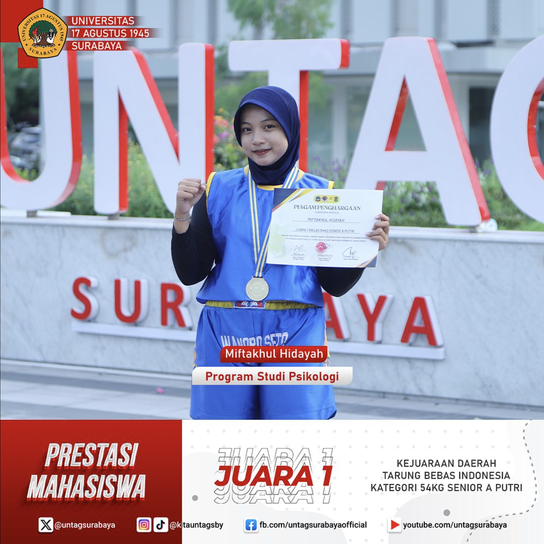 Prestasi Mahasiswa : Juara 1 dalam Kejuaraan Daerah Tarung Bebas Indonesia pada kategori 54kg Senior A Putri