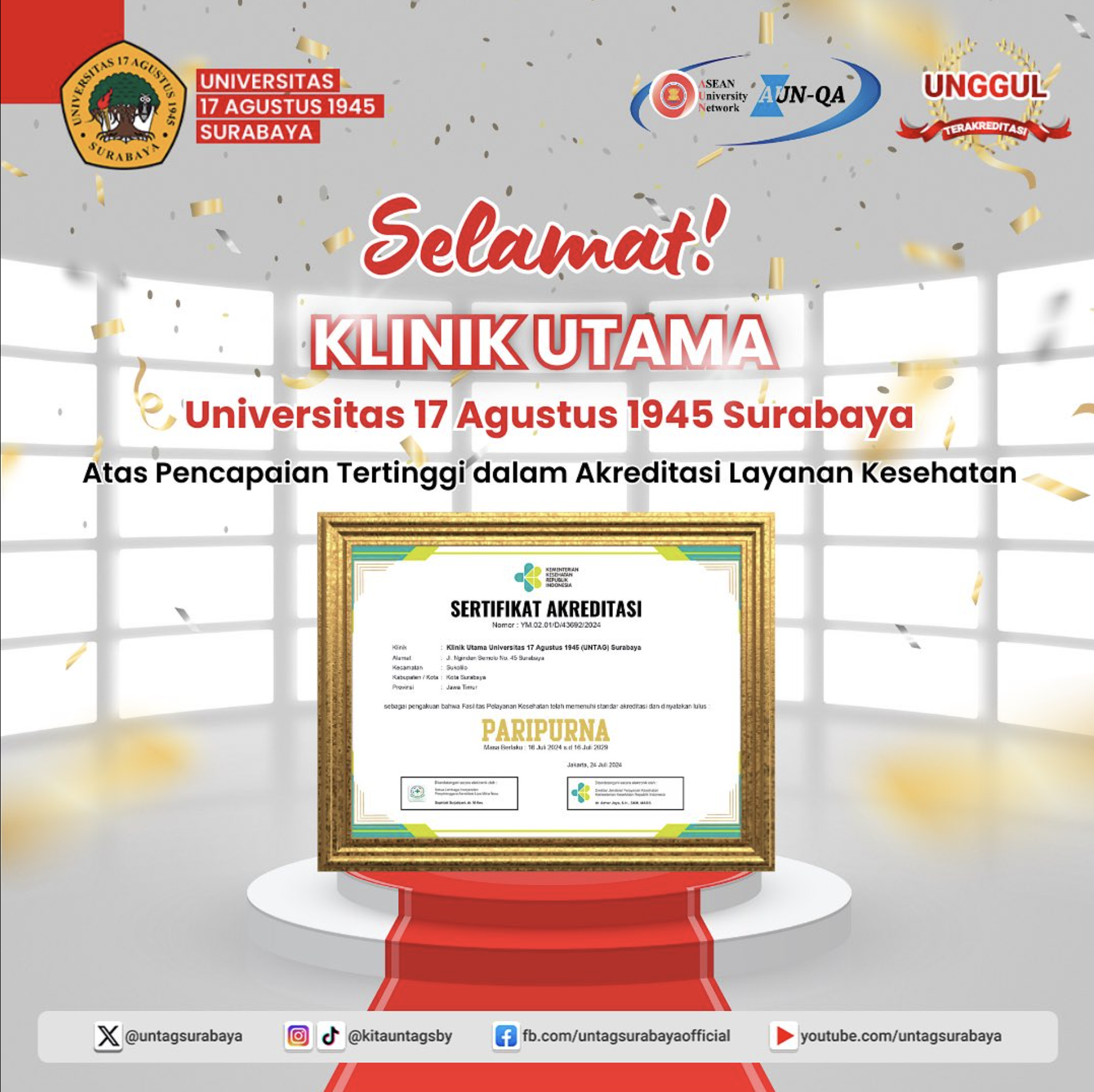 Selamat dan sukses atas keberhasilan Klinik Utama Untag Surabaya dalam meraih akreditasi Paripurna