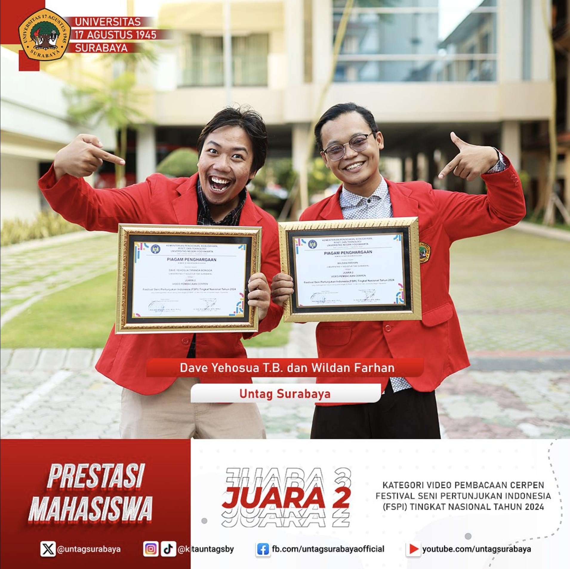Prestasi Mahasiswa : meraih juara 2 video pembacaan cerpen pada ajang Festival Seni Pertunjukan Indonesia (FSPI)
