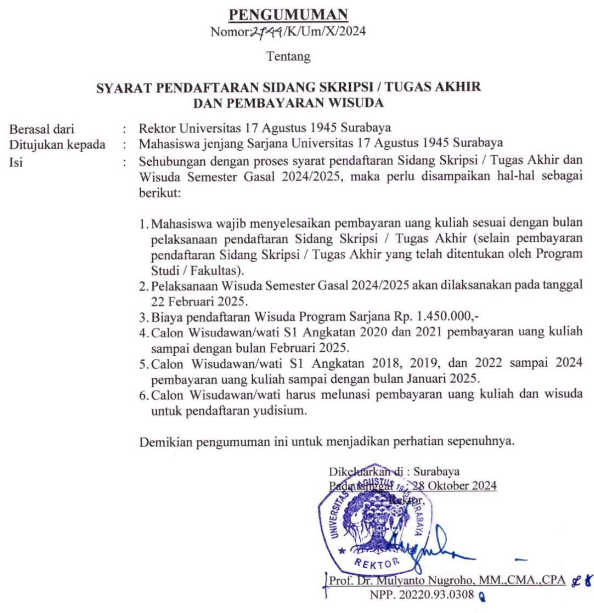 SYARAT PENDAFTARAN SIDANG SKRIPSI / TUGAS AKHIR DAN PEMBAYARAN WISUDA Gasal 2024/2025 
