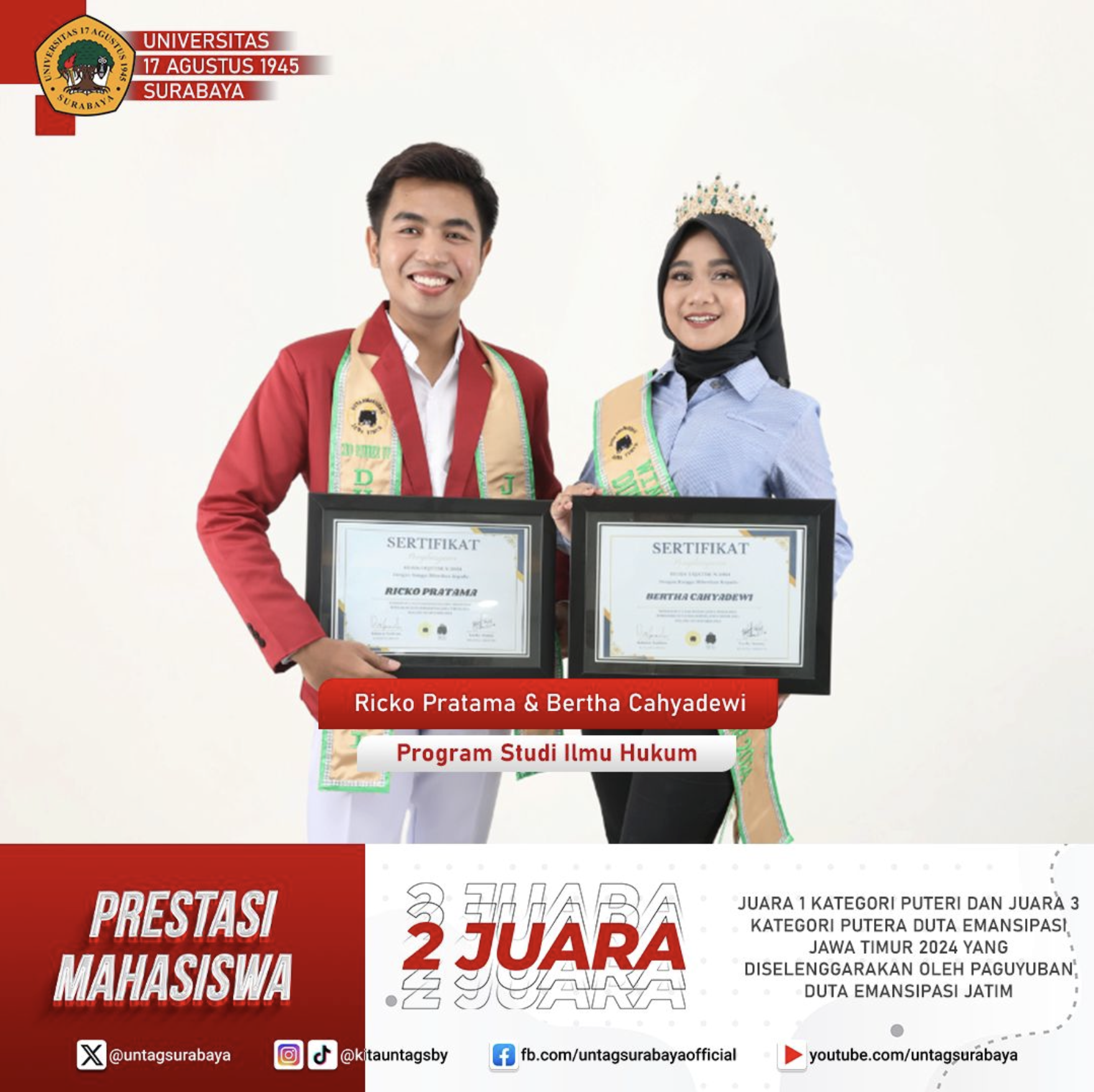 Ricko Pratama dan Bertha Cahyadewi sukses meraih prestasi tingkat provinsi hasil dari Duta Emansipasi Jawa Timur 2024