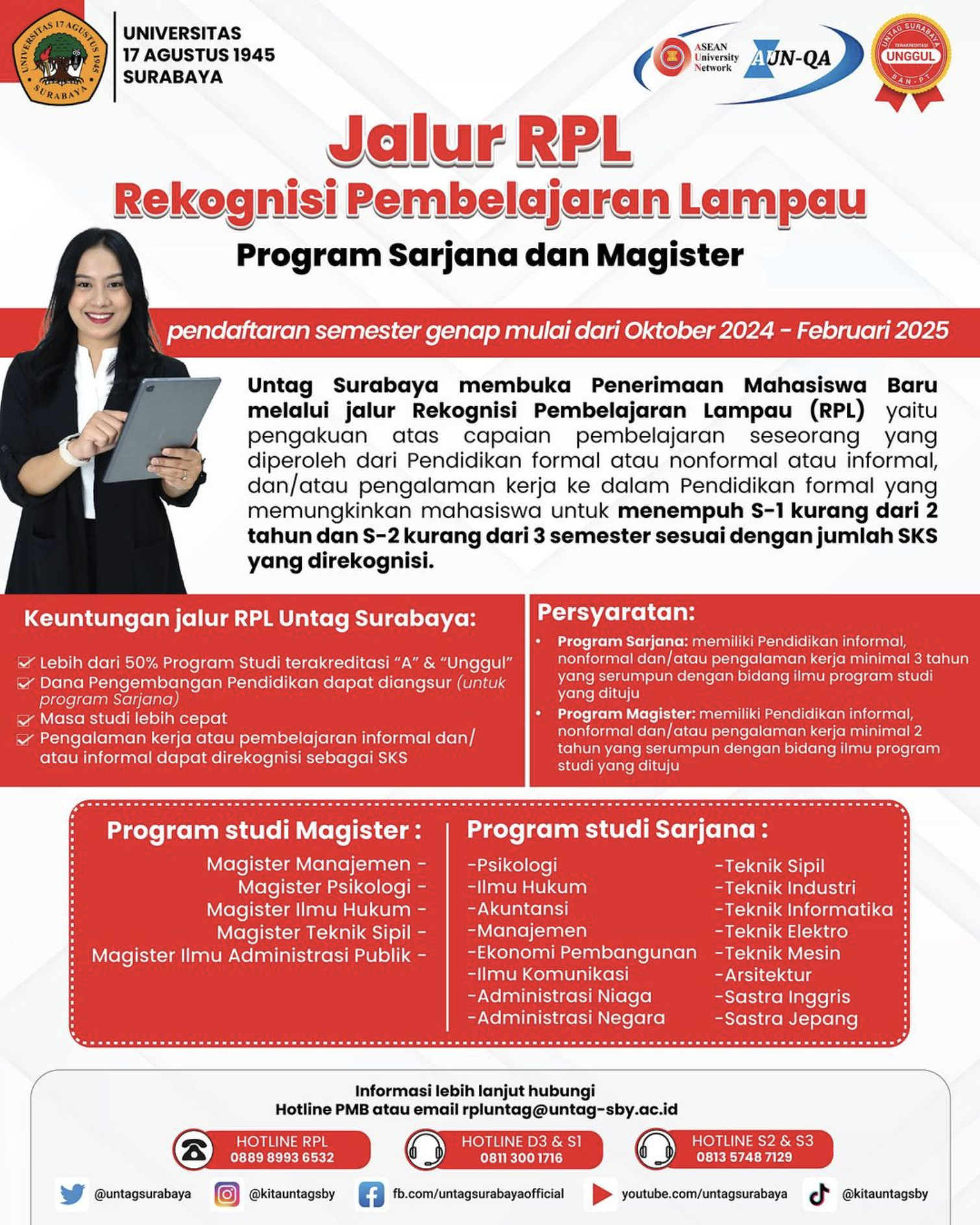 Pendaftaran Mahasiswa Baru jalur RPL bagi Program Sarjana dan Magister kembali dibuka