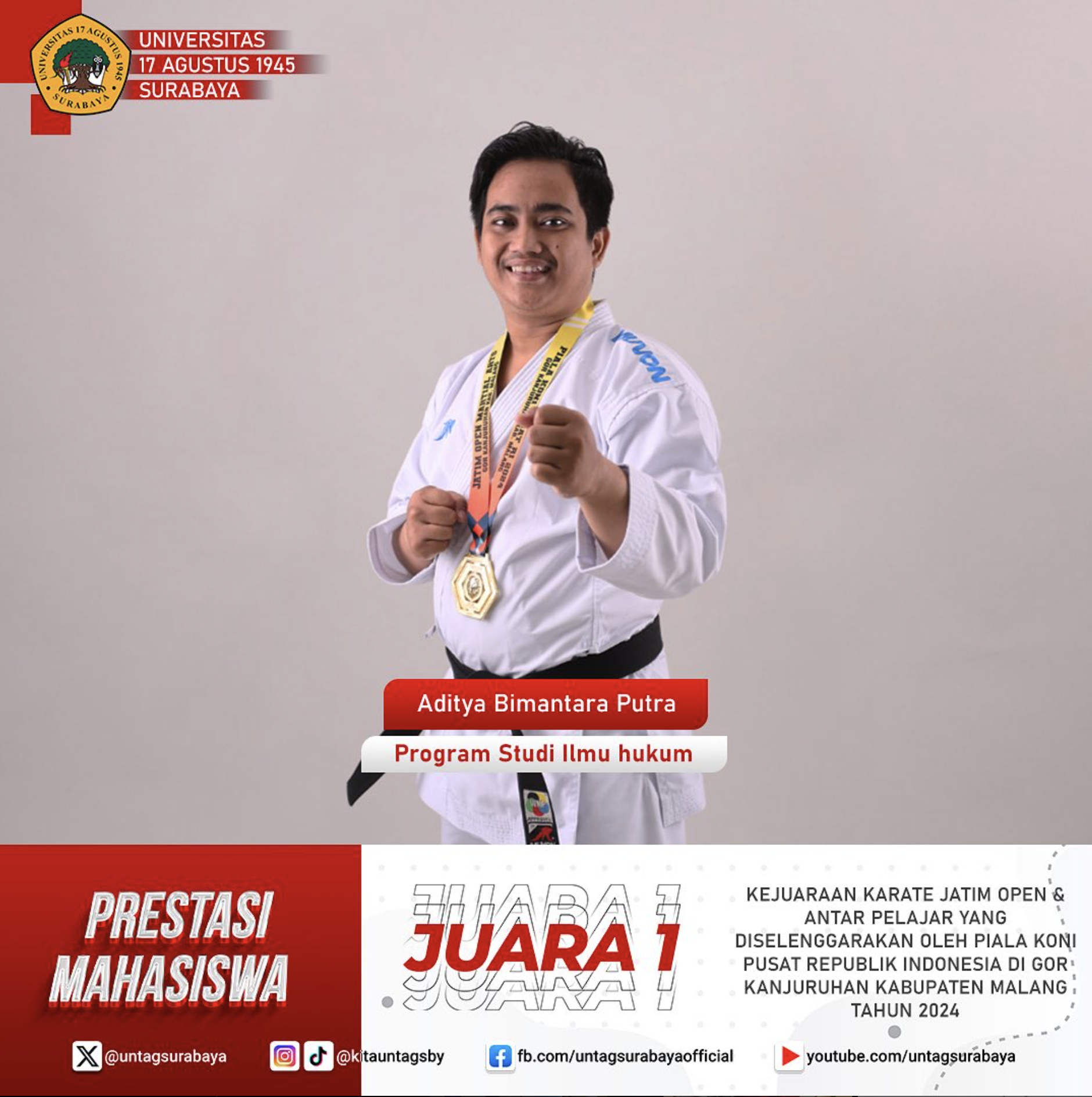 Aditya Bimantara Putra juara 1 kategori perorangan mahasiswa putera Karate Jatim Open oleh Piala Koni Pusat RI 2024