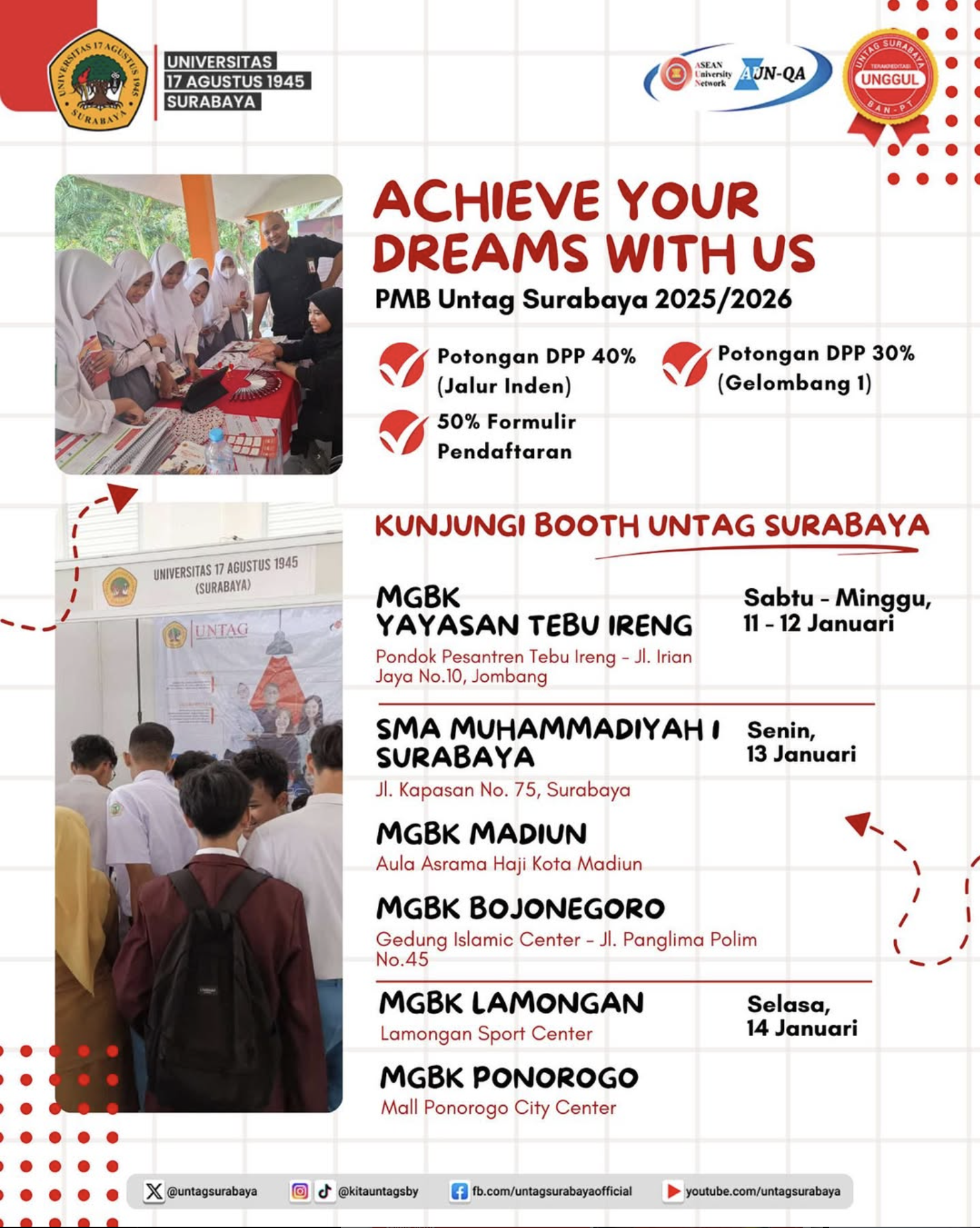 Siapa nih yang ingin mendaftar menjadi mahasiswa baru Untag Surabaya? Kunjungi booth Kampus Merah Putih dapatkan potongan 