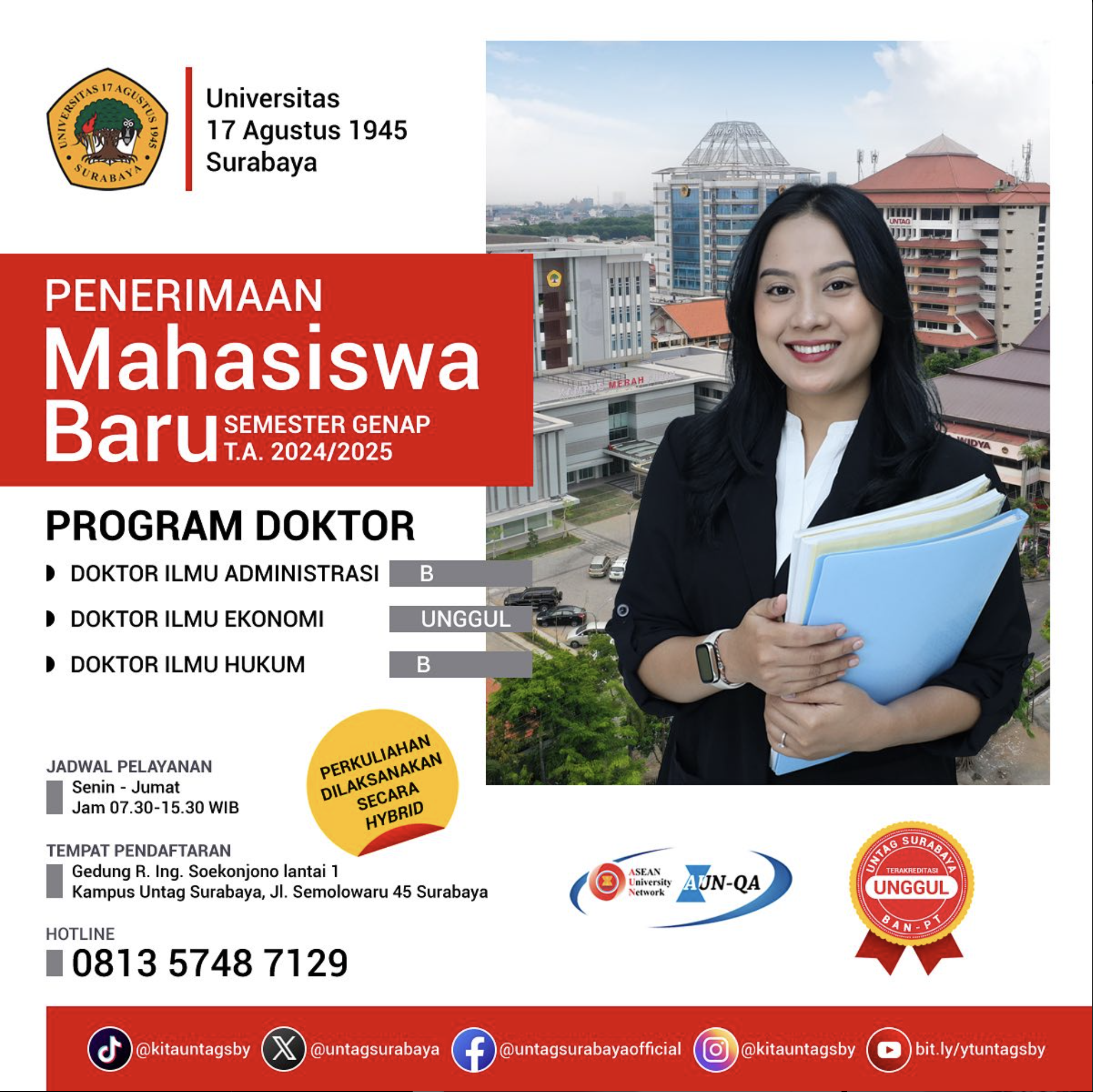 Penerimaan mahasiswa baru UNTAG SBY Program Doktor semester genap tahun ajaran 2024/2025 telah resmi dibuka