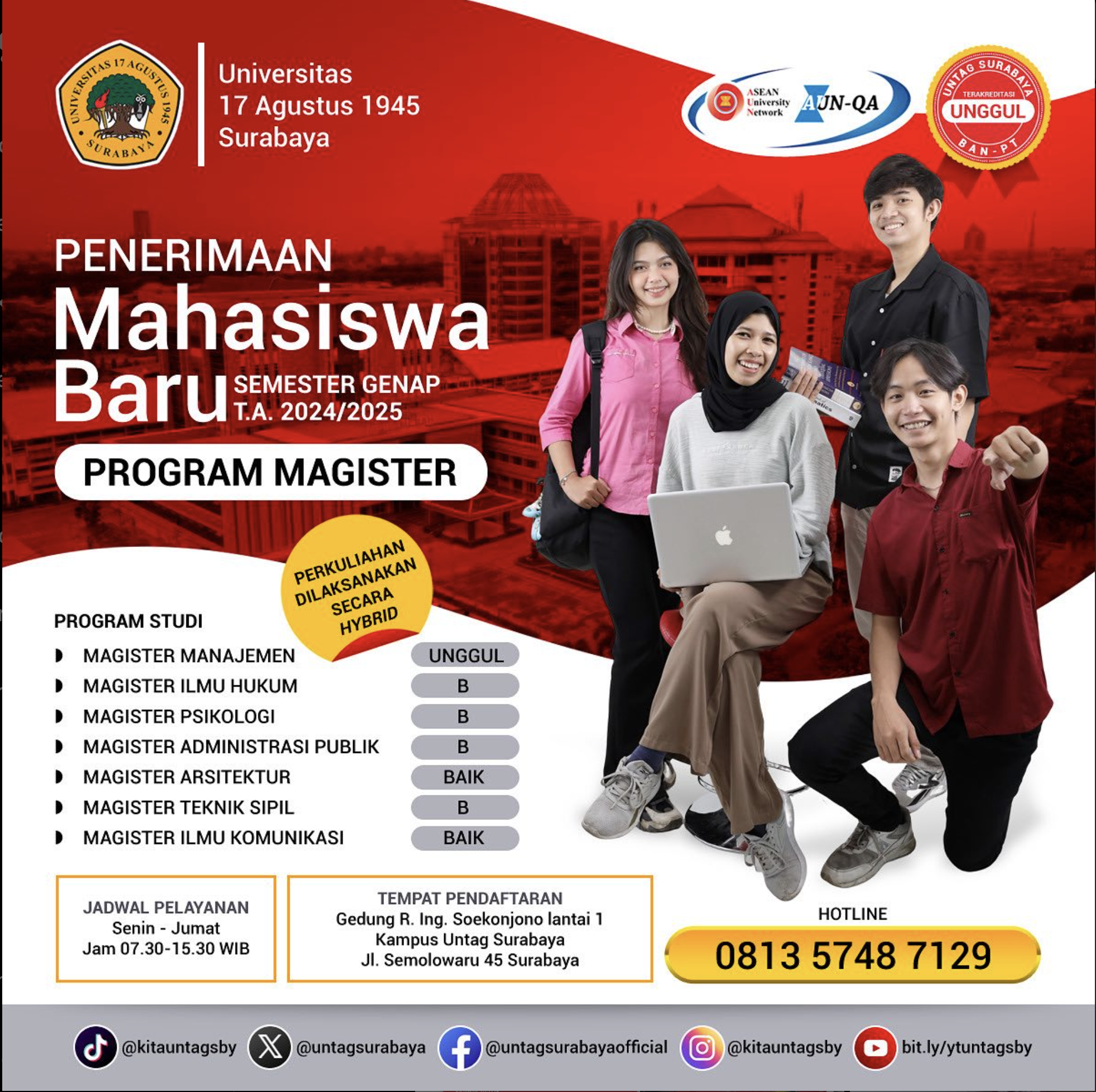 Penerimaan mahasiswa baru UNTAG SBY Program Magister semester genap tahun ajaran 2024/2025 telah resmi dibuka!