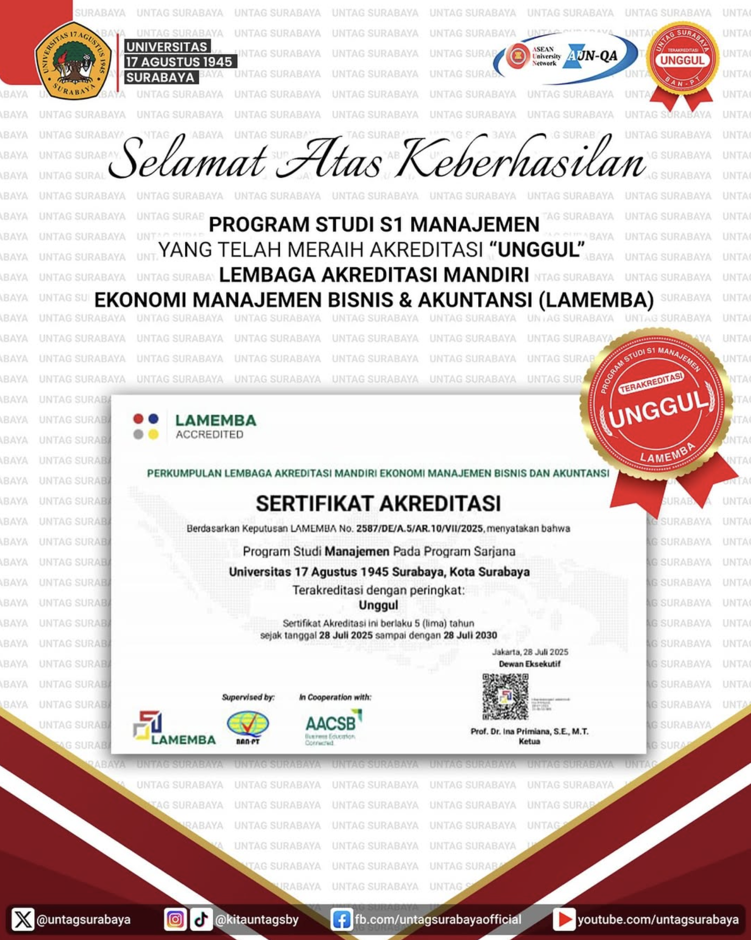Selamat dan sukses atas keberhasilan Program Studi S1 Manajemen dalam meraih akreditasi Unggul