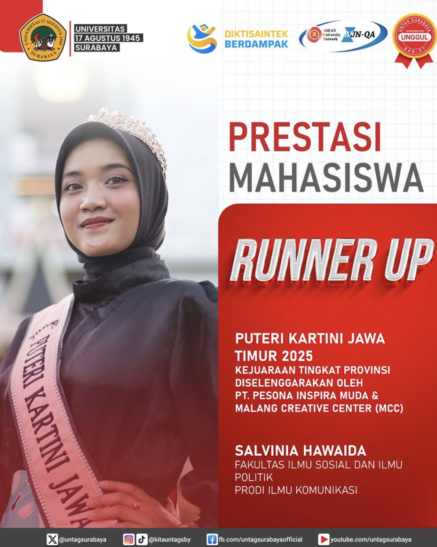 Prestasi Mahasiswa : Salvinia Hawaida yang sukses menjadi Runner Up Puteri Kartini Jawa Timur 2025