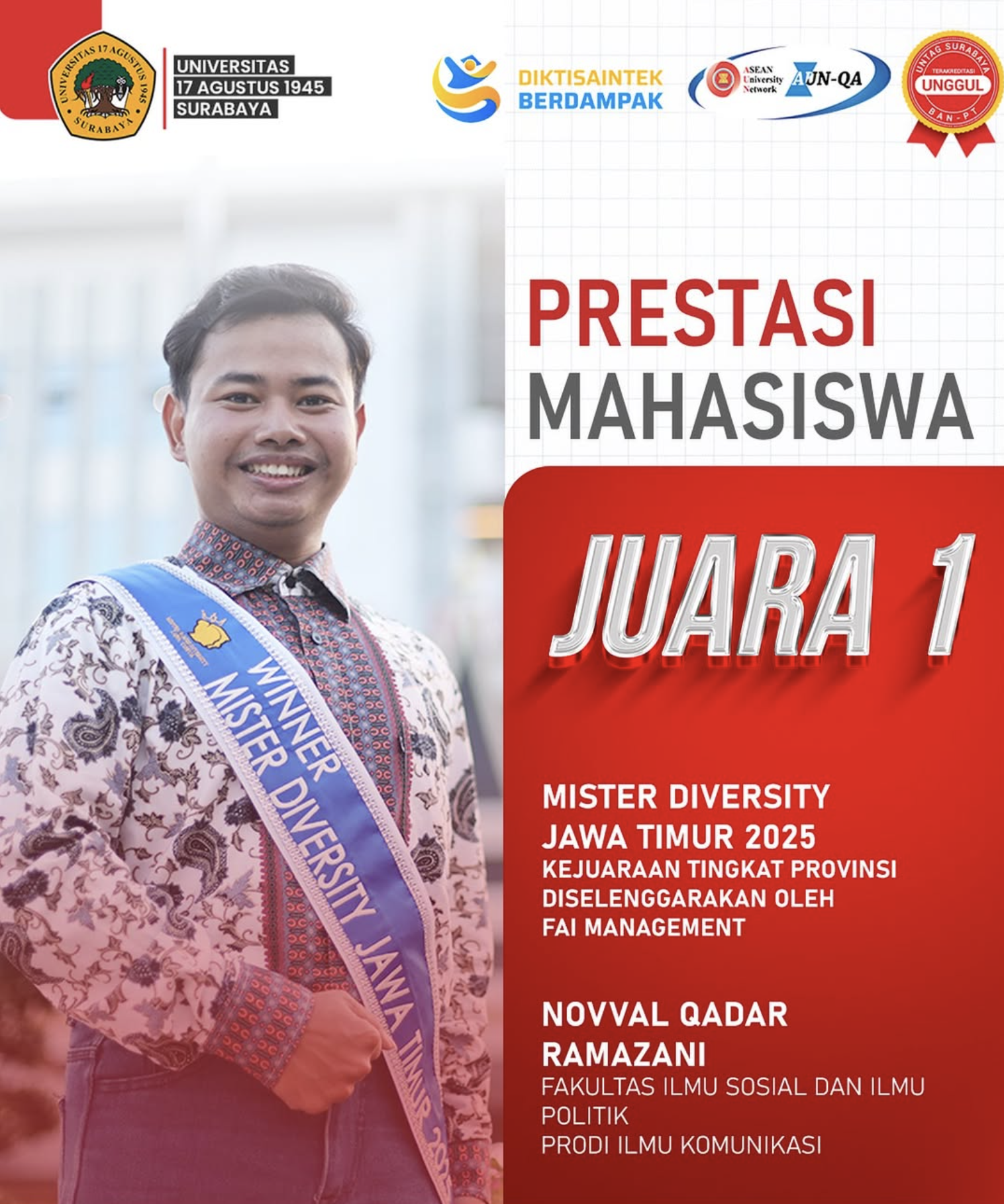 Prestasi Mahasiswa : Novval Qadar Ramazani atas pencapaiannya sebagai Juara 1 Mister Diversity Jawa Timur 2025 