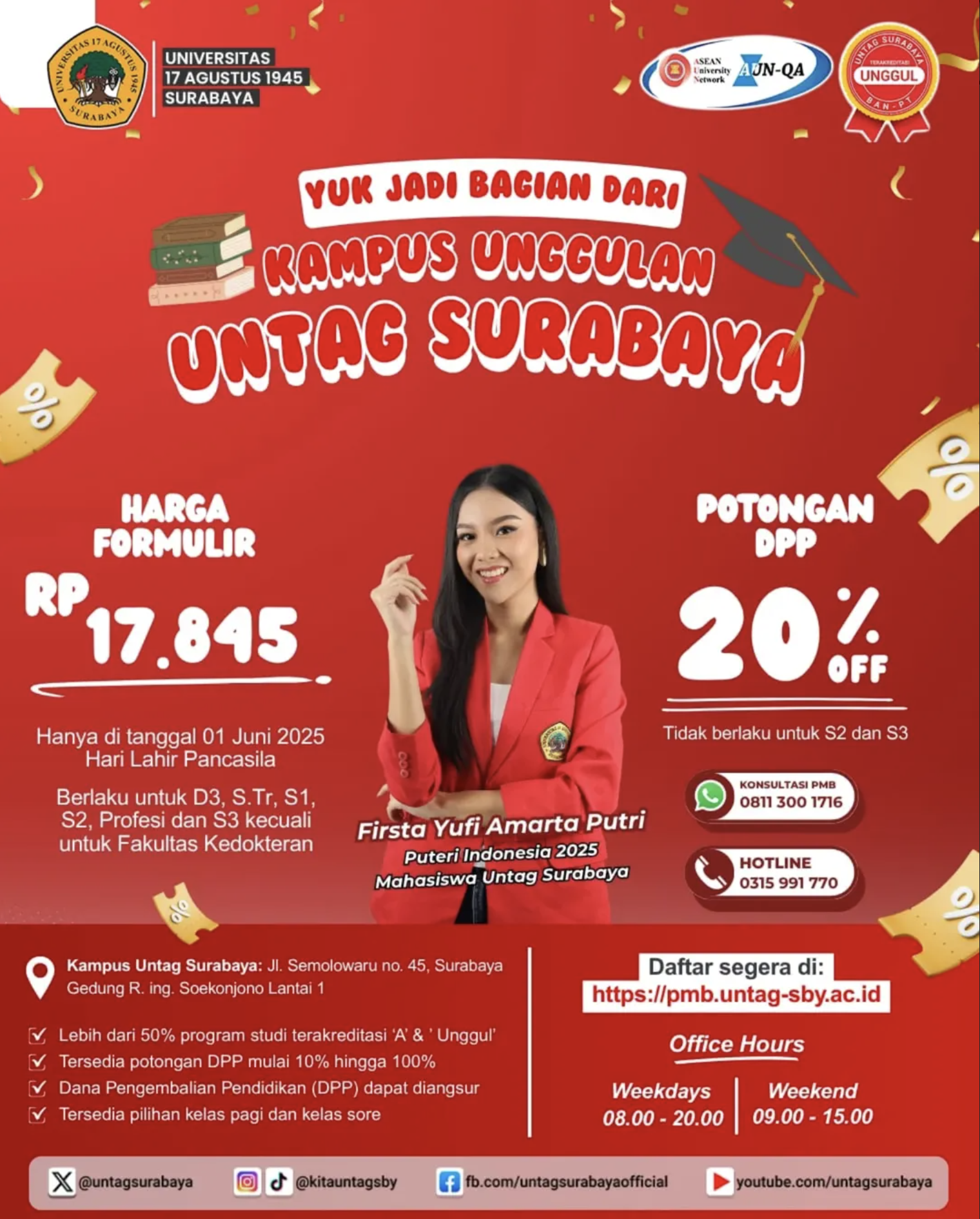 Hanya tanggal 1 Juni 2025, kamu bisa mendapatkan harga Rp 17.845 untuk formulir pendaftaran dan potongan 20% untuk DPP