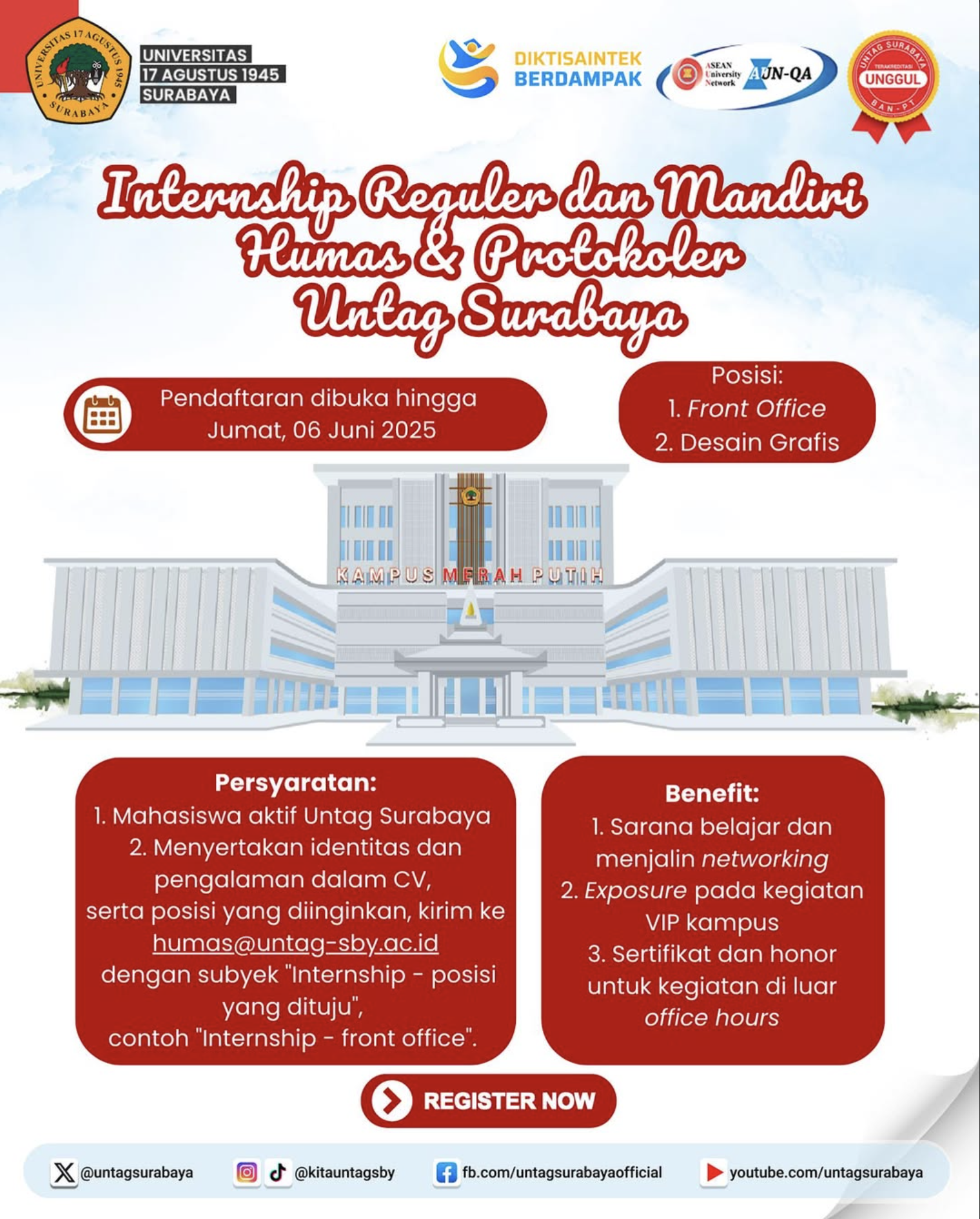Humas & Protokoler Untag Surabaya kembali membuka internship untuk mahasiswa khusus posisi Front Office dan Desain Grafis