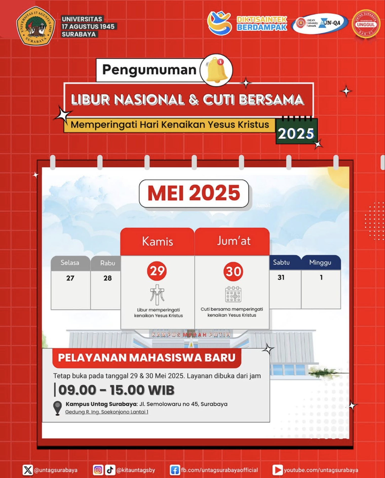 Dalam rangka libur nasional dan cuti bersama peringatan Hari Kenaikan Yesus Kristus pada Kamis-Jumat, 29-30 Juni 2025