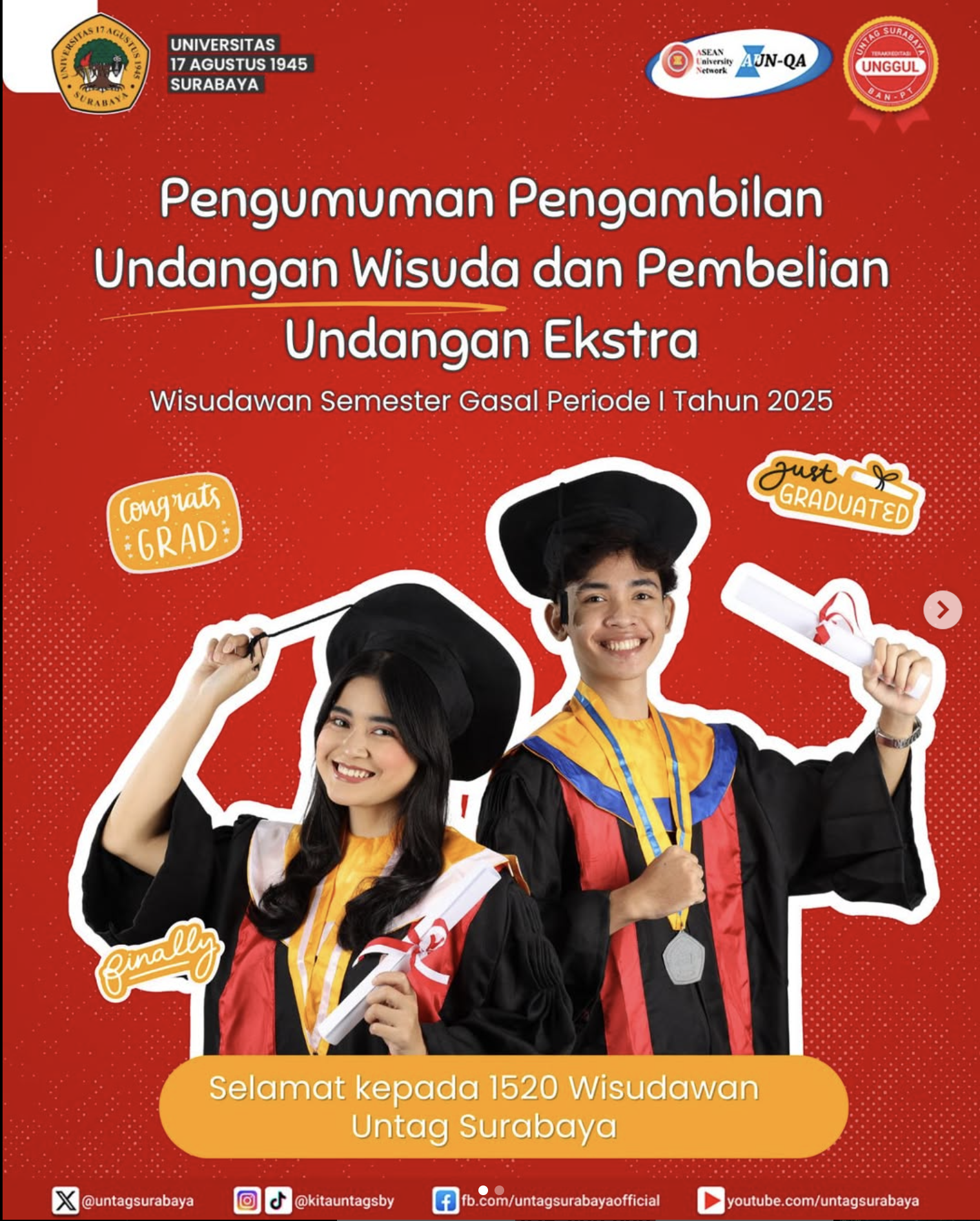 Selamat kepada 1520 wisudawan yang akan diwisuda pada 22-23 Februari 2025 mendatang