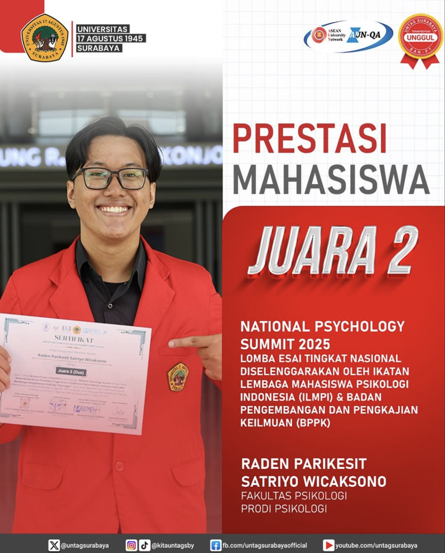 Prestasi Mahasiswa : Raden Parikesit Satriyo Wicaksono atas pencapaiannya sebagai Juara 2 National Psychology Summit 2025!