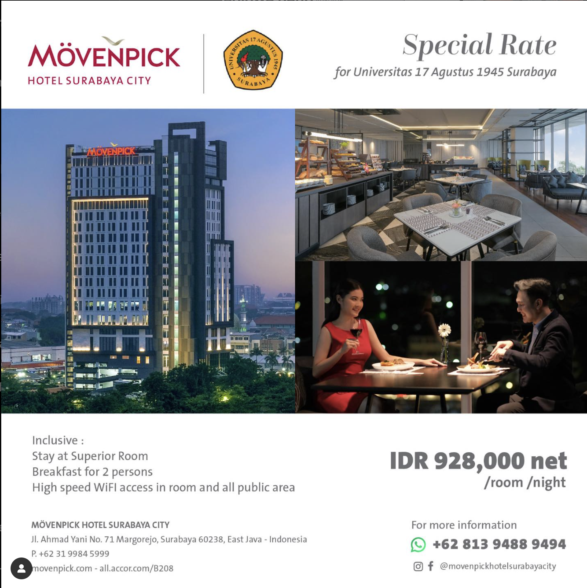manfaatkan fasilitas kerjasama Untag Surabaya dengan Movenpick Hotel Surabaya City pada Wisuda ke-130	