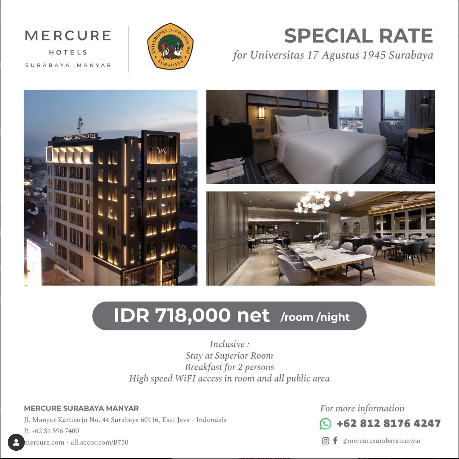 manfaatkan fasilitas kerjasama Untag Surabaya dengan Mercure Hotel Manyar pada Wisuda ke-130	