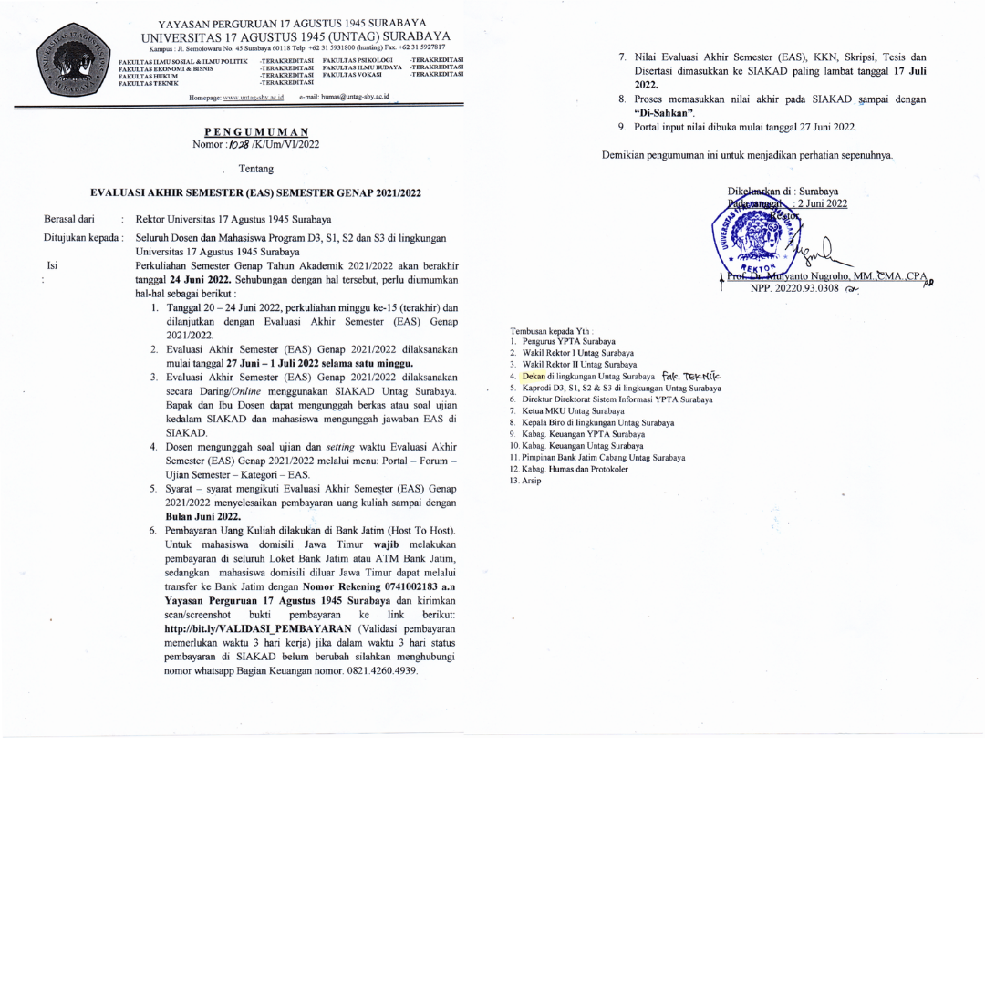 PENGUMUMAN Evaluasi Akhir Semester (EAS) Semester Genap 2021/2022