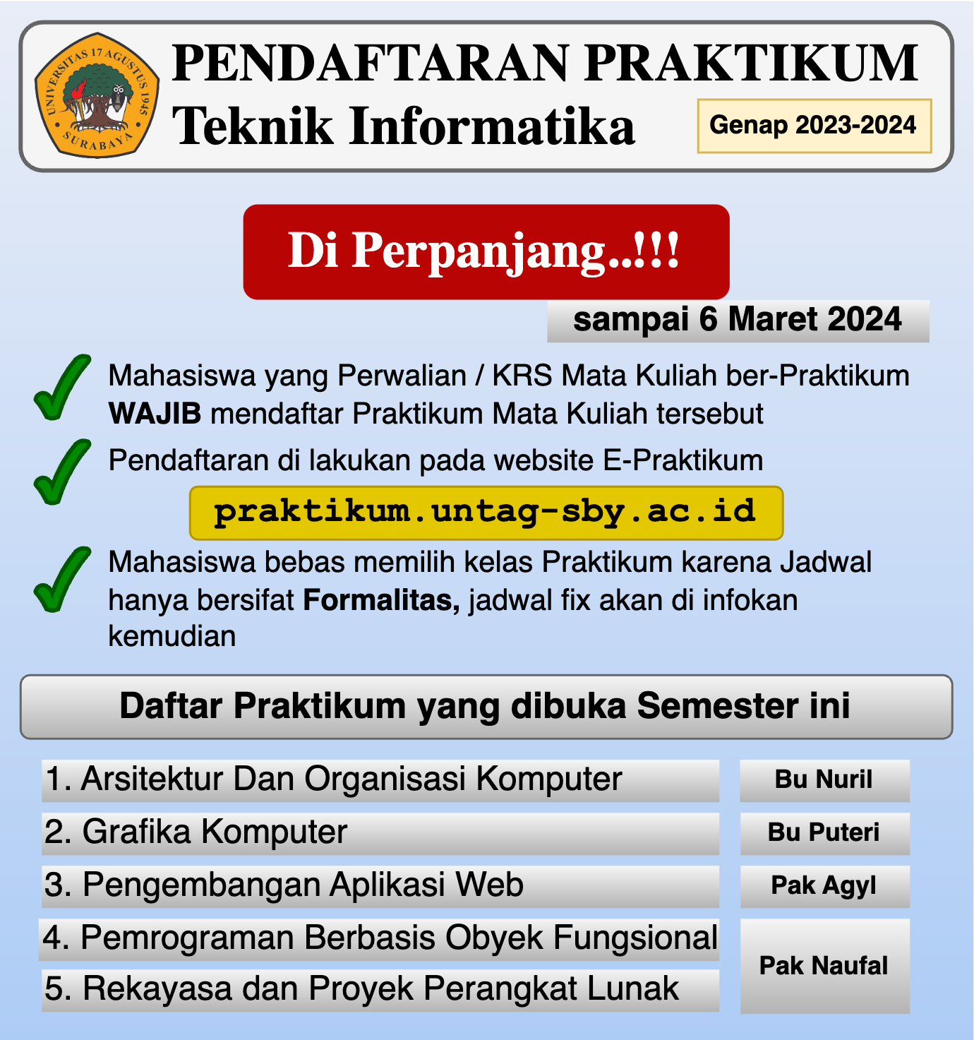 Perpanjangan Pendaftaran Praktikum Genap 2023-2024