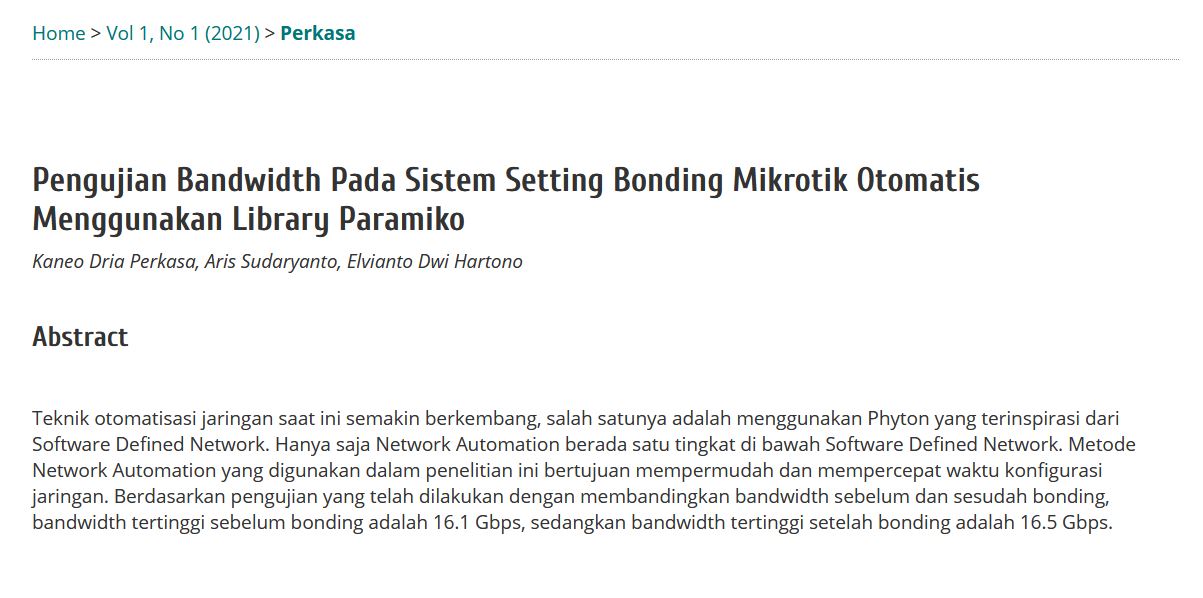 Publikasi Jurnal Mahasiswa : Pengujian Bandwidth Pada Sistem Setting Bonding Mikrotik Otomatis Menggunakan Library Paramiko