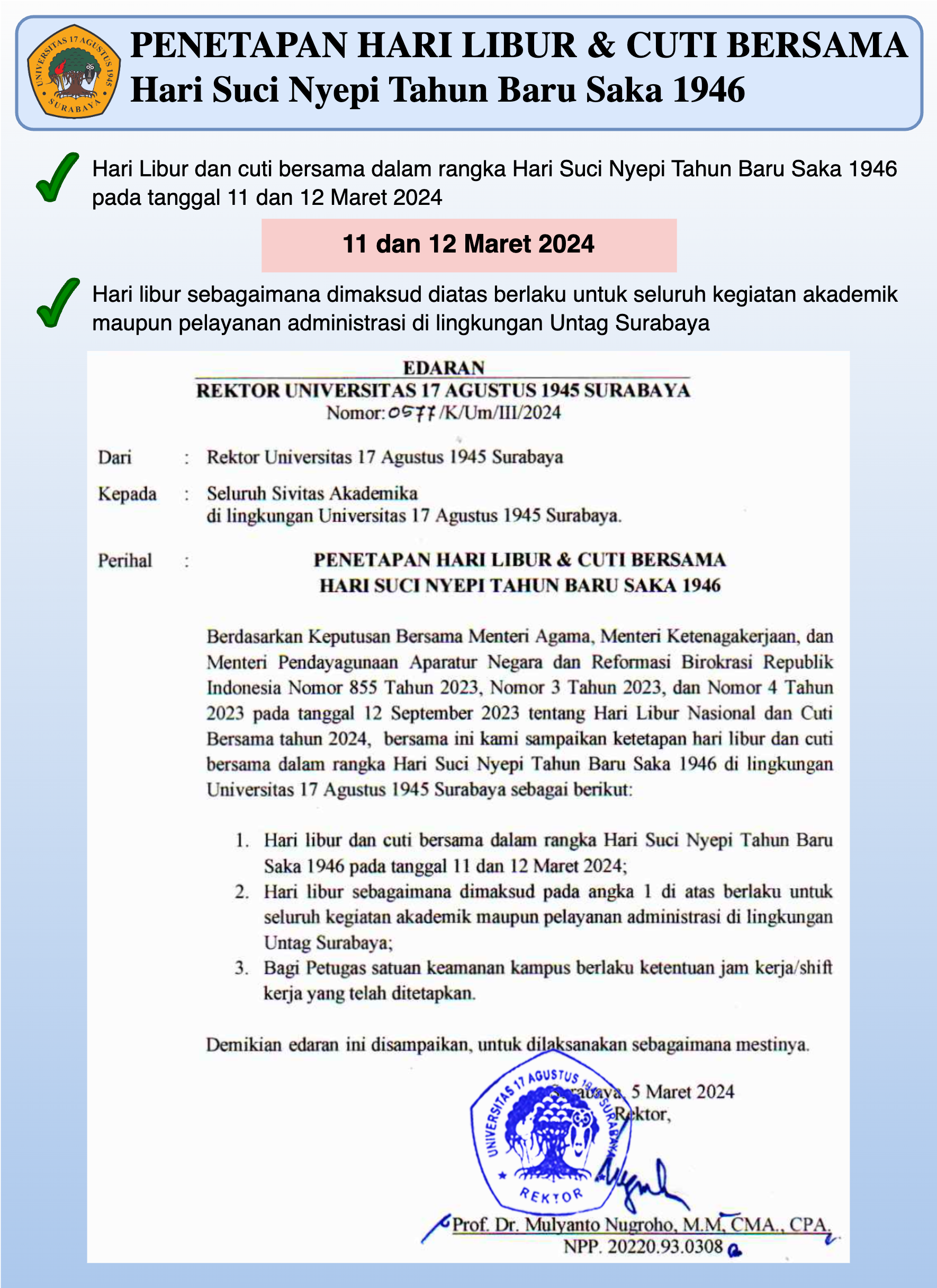 Penetapan Hari Libur & Cuti Bersama Hari Suci Nyepi Tahun Baru Saka 1946