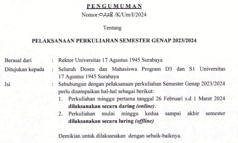 Pelaksanaan Perkuliahan Semester Genap 2023-2024