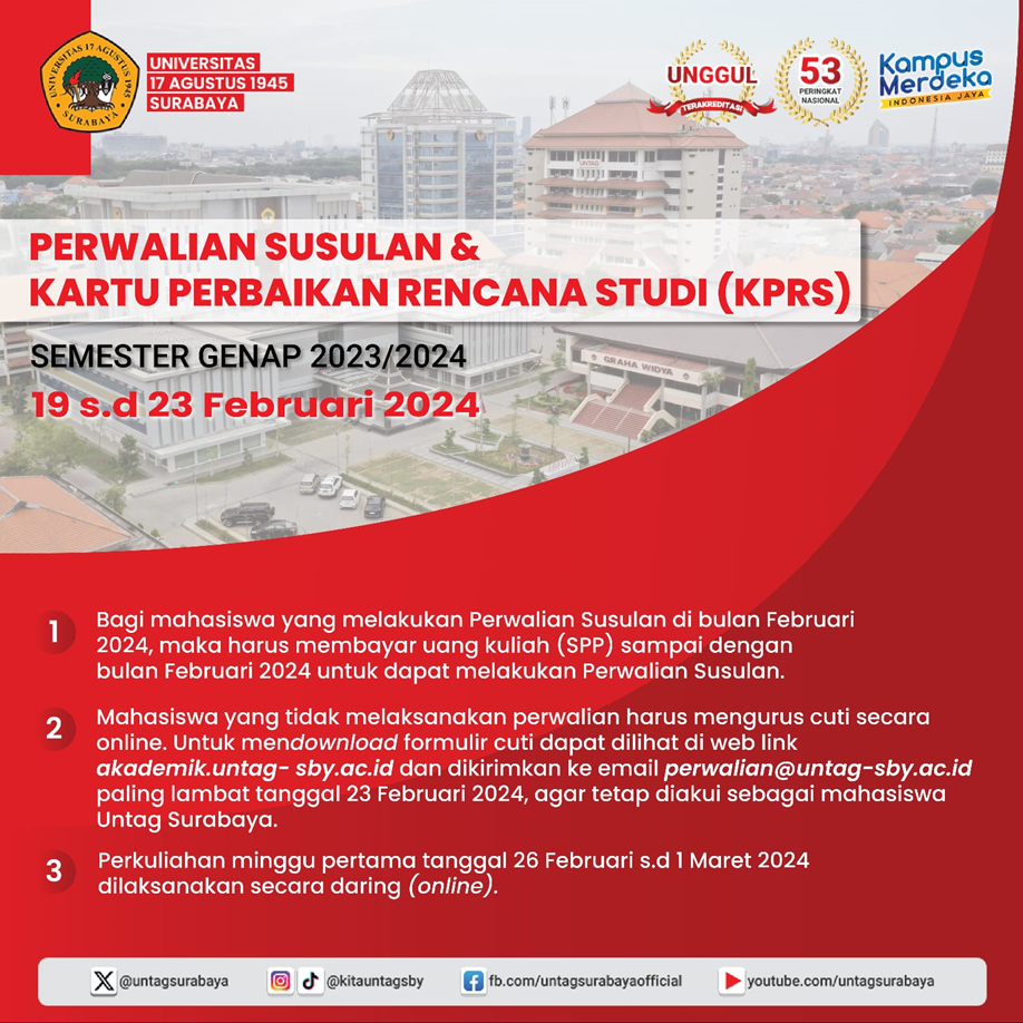 Perwalian Susulan dan Kartu Perbaikan Rencana Studi (KPRS) Semester Genap 2023/2024 (19 s.d 23 Februari 2024)