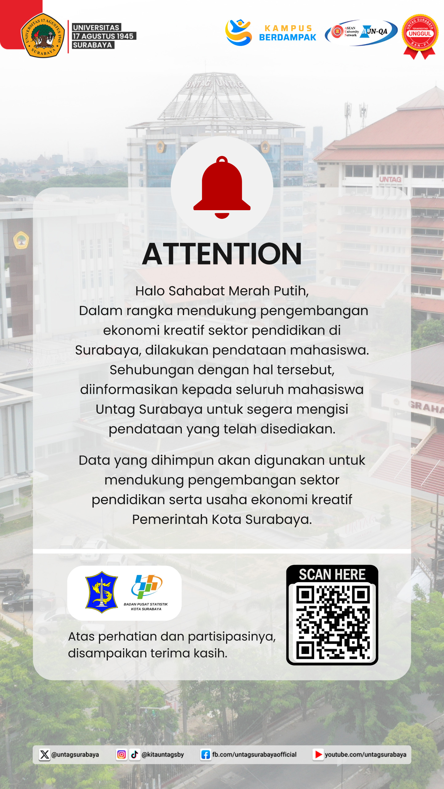 [PENGUMUMAN] Pendataan Mahasiswa UNTAG Surabaya untuk Mendukung Pengembangan Ekonomi Kreatif & Sektor Pendidikan Kota Surabaya