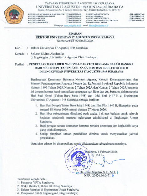 [PENGUMUMAN RESMI] Libur Nasional & Cuti Bersama Hari Suci Nyepi dan Idul Fitri 1447 H di Lingkungan UNTAG Surabaya