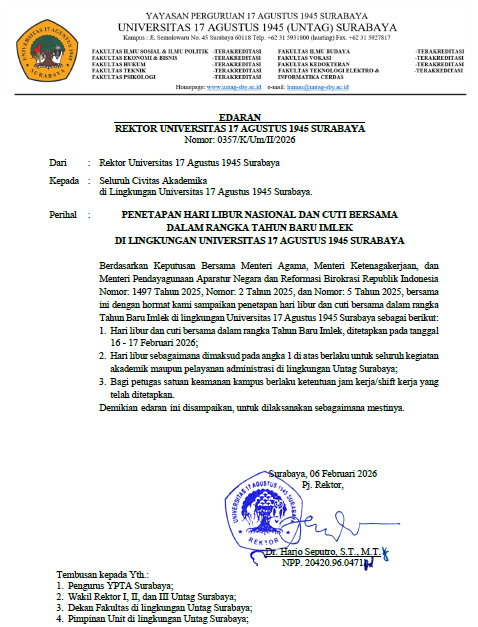 [PENGUMUMAN RESMI] Libur Nasional & Cuti Bersama Tahun Baru Imlek 2026 di Lingkungan UNTAG Surabaya
