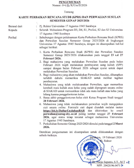 Informasi Resmi KPRS dan Perwalian Susulan Semester Genap 2025/2026 FTEIC Untag Surabaya