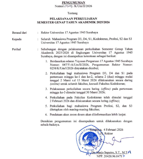 Informasi Resmi Pelaksanaan Perkuliahan Semester Genap 2025/2026 FTEIC Untag Surabaya