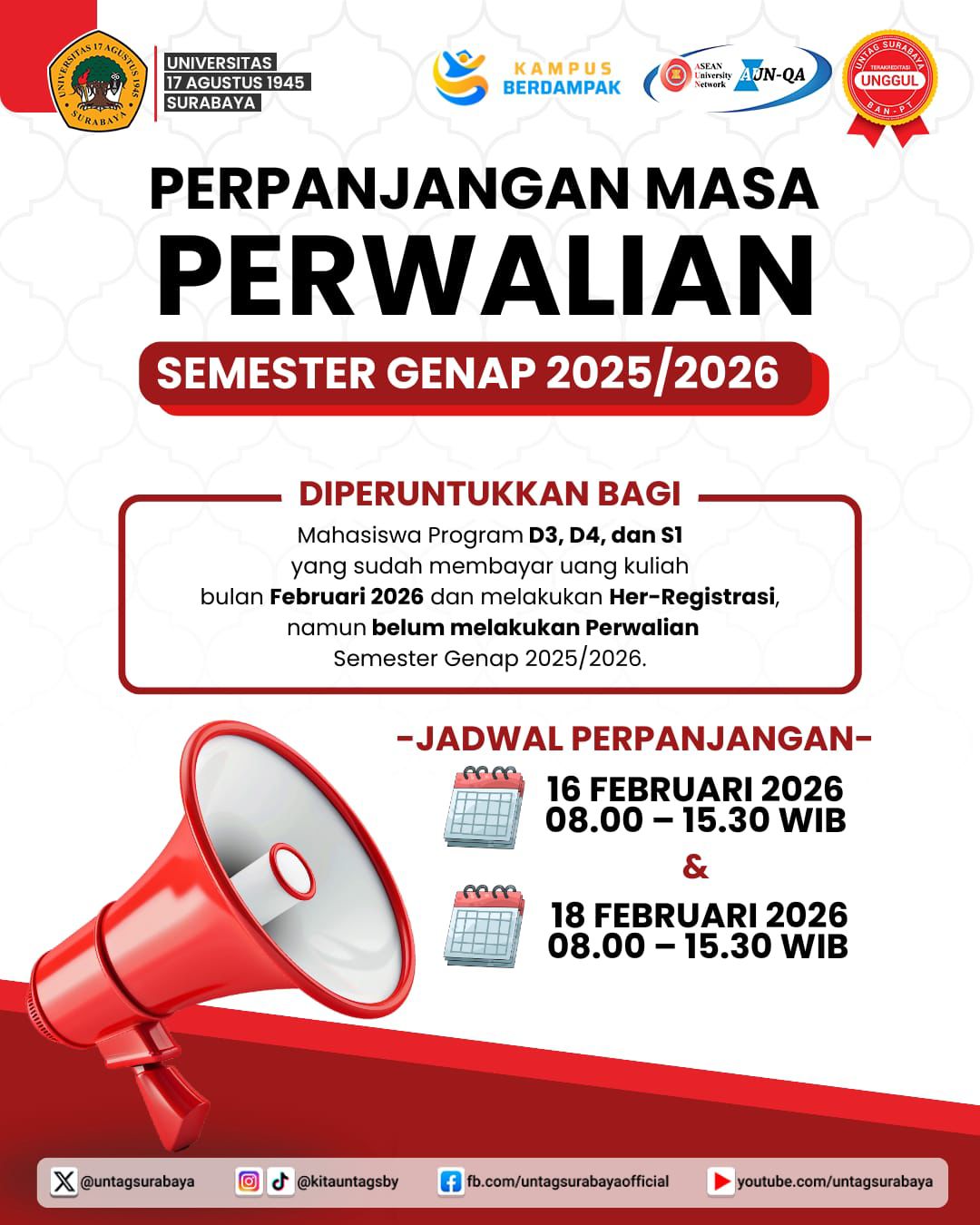 Perpanjangan Masa Perwalian Semester Genap 2025/2026 Bagi Mahasiswa FTEIC Untag Surabaya