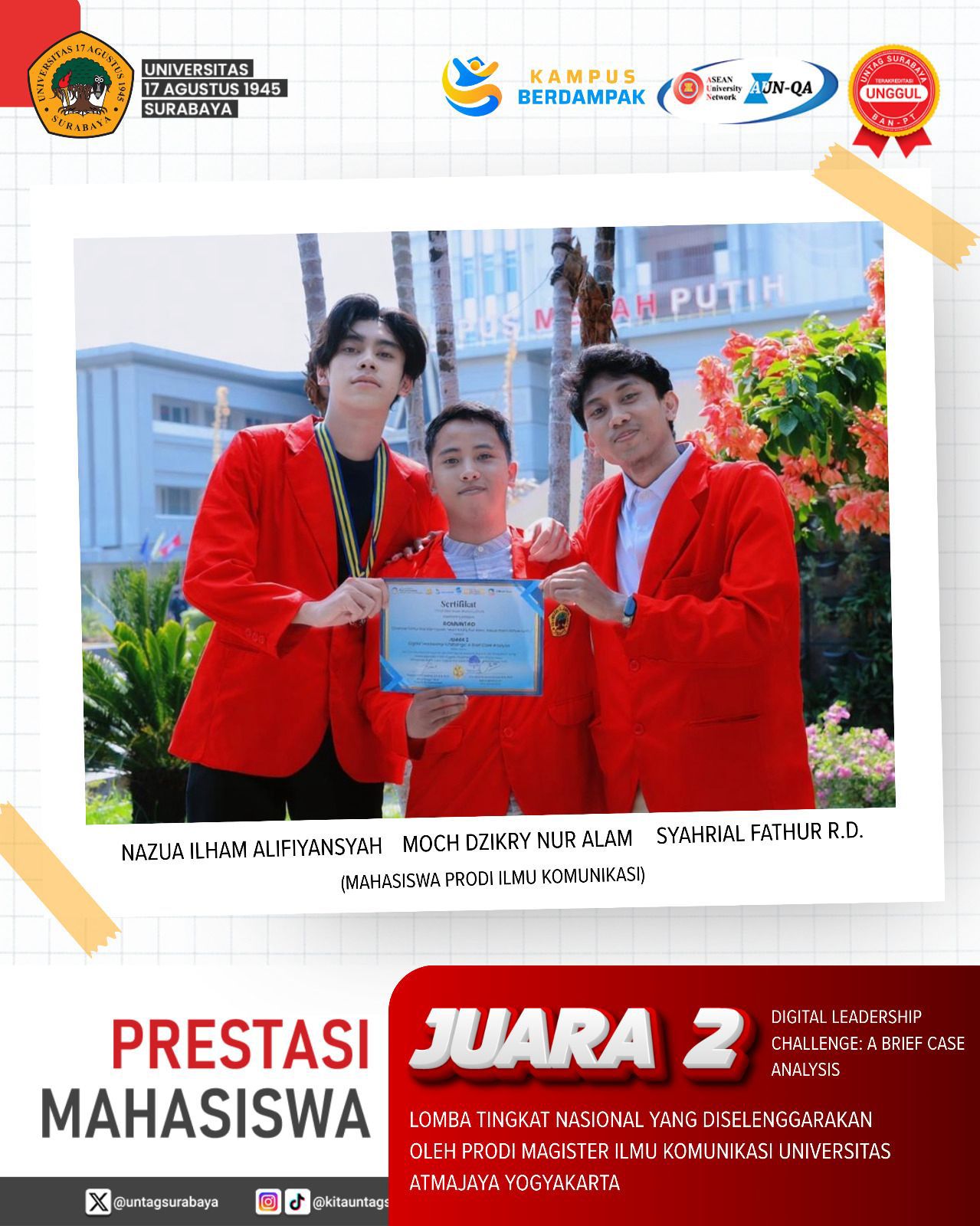 Mahasiswa Ilmu Komunikasi UNTAG Surabaya Raih Prestasi Gemilang di Kompetisi Nasional Universitas Atma Jaya Yogyakarta