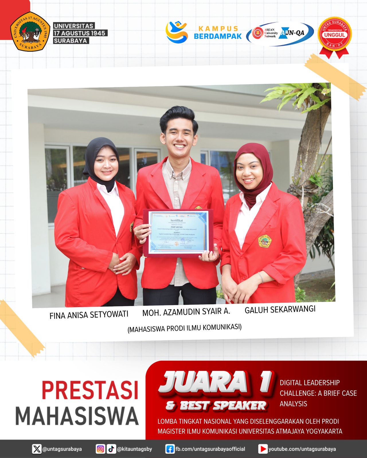 Trio Ilmu Komunikasi UNTAG Surabaya Dominasi Podium Nasional, Buktikan Kompetensi di Era Digital
