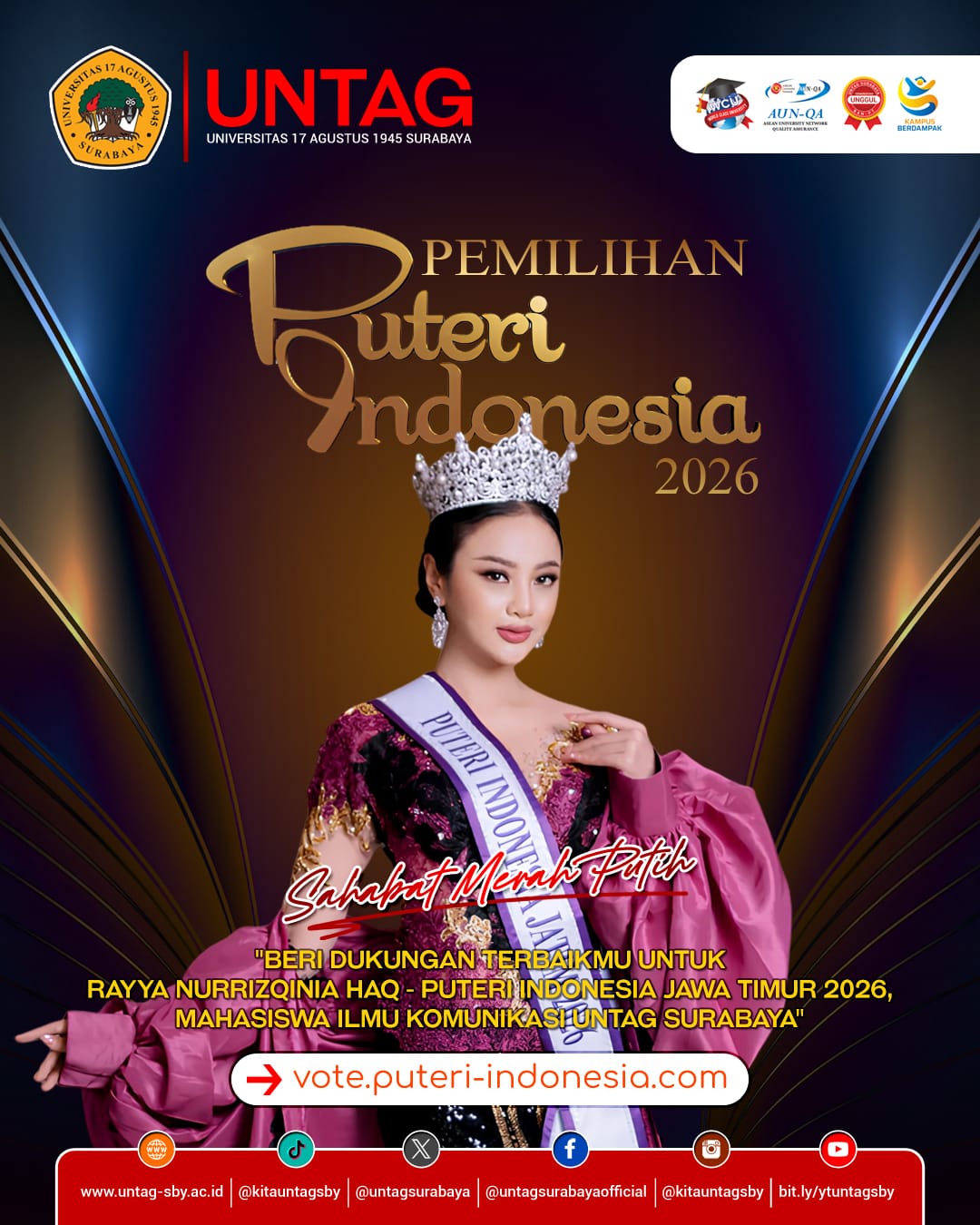 Dukung Rayya Nurrizqinia Haq, Mahasiswi Ilmu Komunikasi Untag Surabaya di Ajang Puteri Indonesia 2026