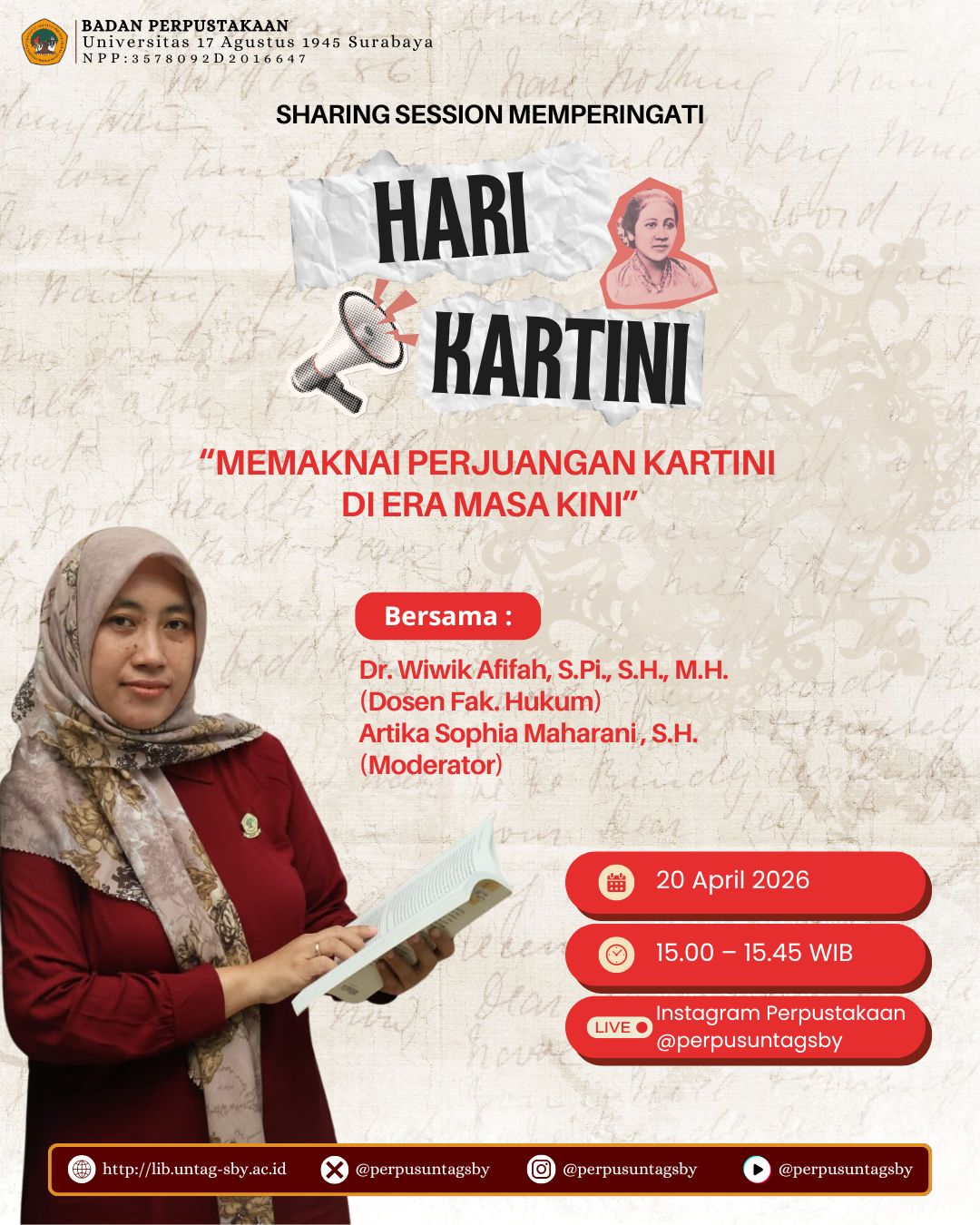 Perpustakaan Untag Surabaya Gelar Sharing Session “Memaknai Perjuangan Kartini di Era Masa Kini”